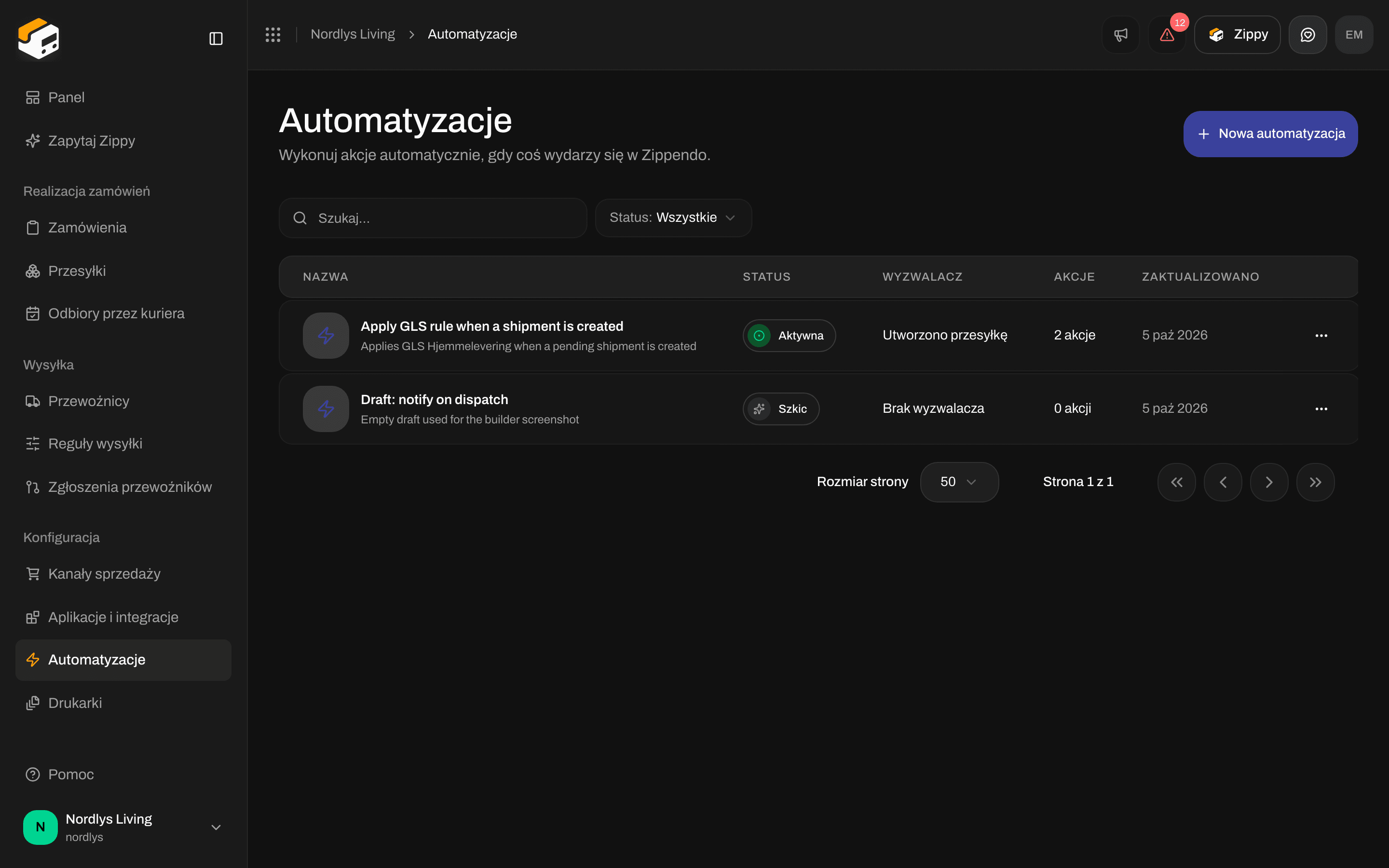 Panel filtrów z polami Szukaj i Status na liście Automatyzacje
