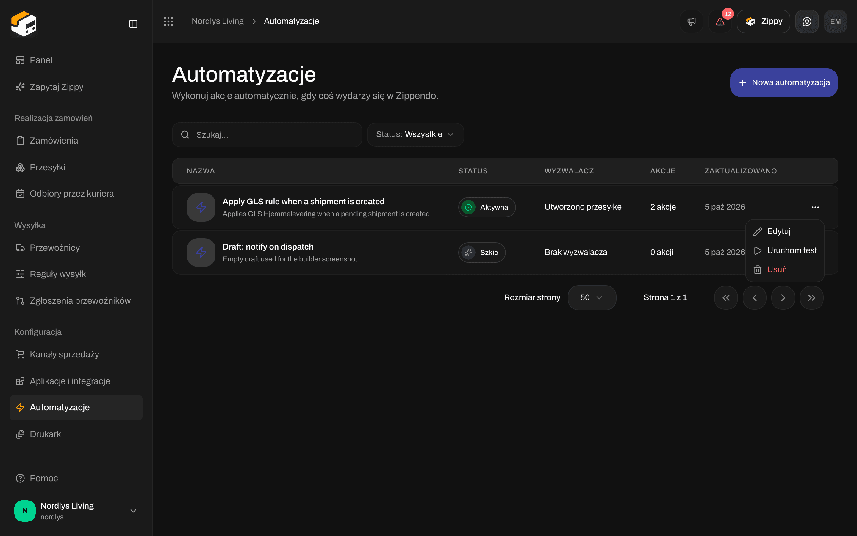 Menu wiersza automatyzacji z opcjami Edytuj, Uruchom test i Usuń