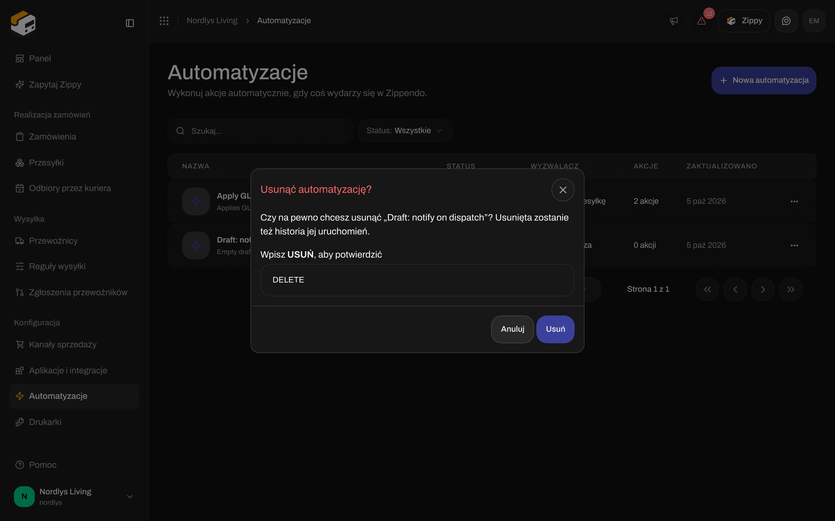 Okno usuwania automatyzacji z prośbą o wpisanie DELETE w celu potwierdzenia