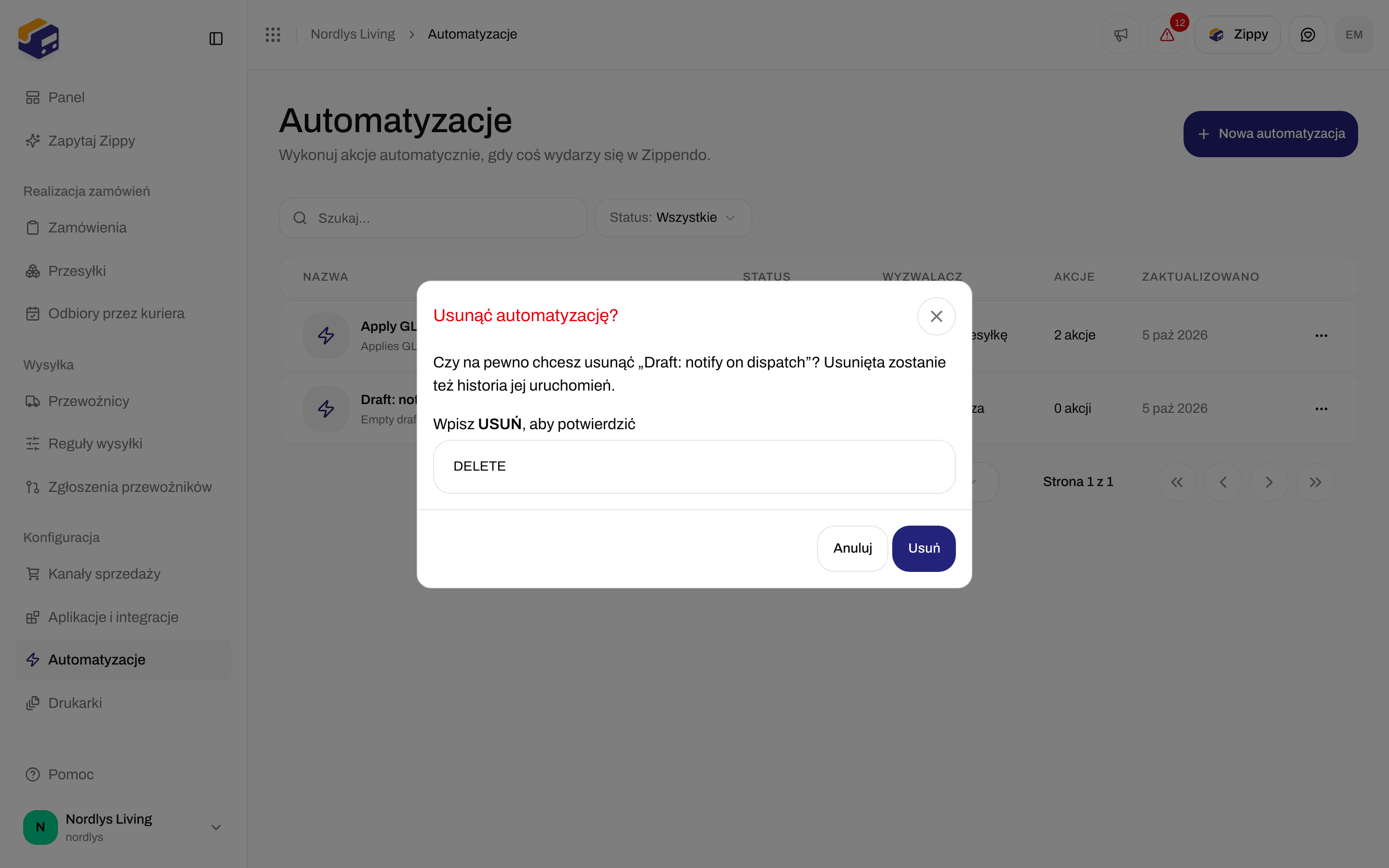 Okno usuwania automatyzacji z prośbą o wpisanie DELETE w celu potwierdzenia