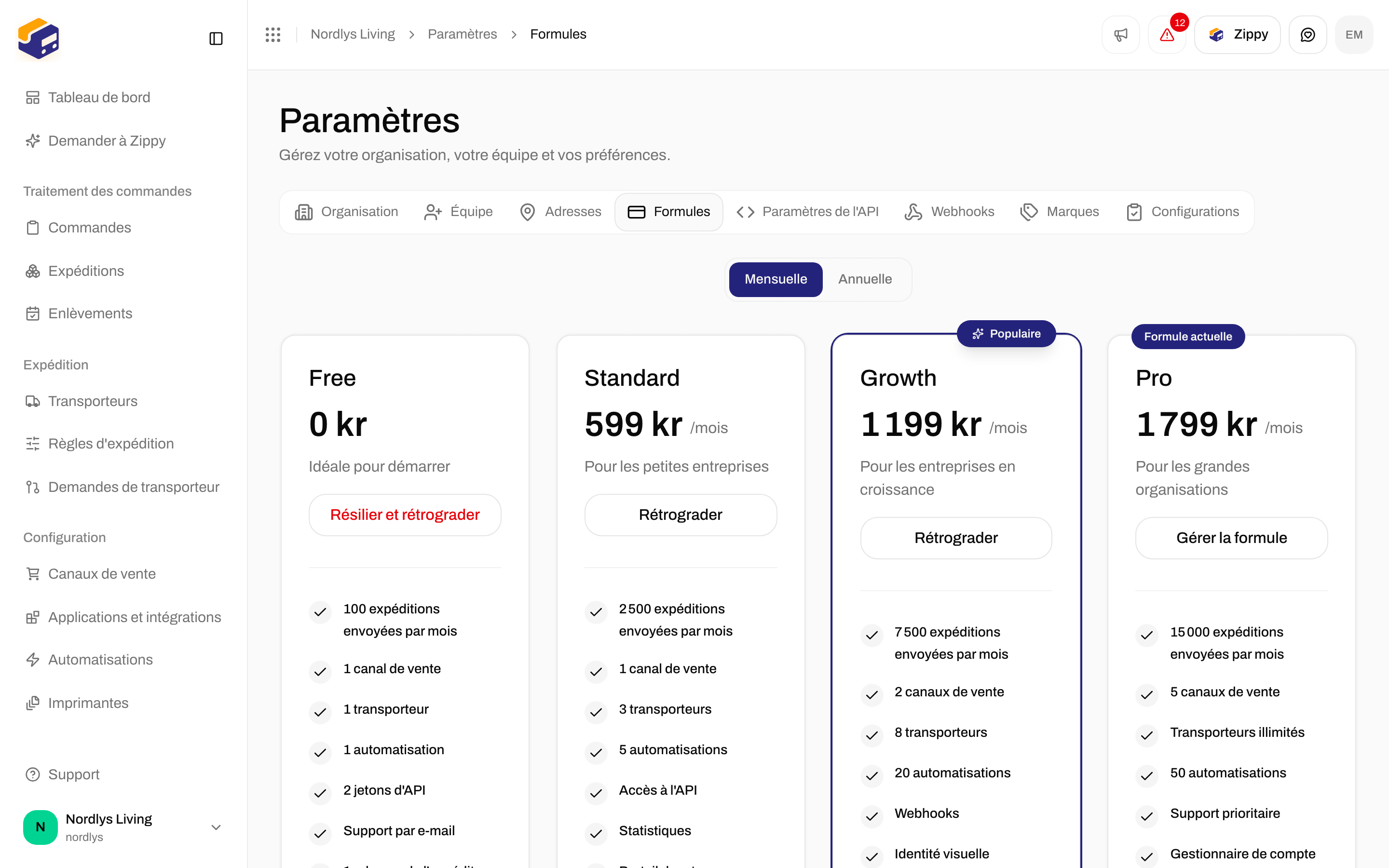 Formules avec Mensuelle sélectionnée et Pro marquée Formule actuelle