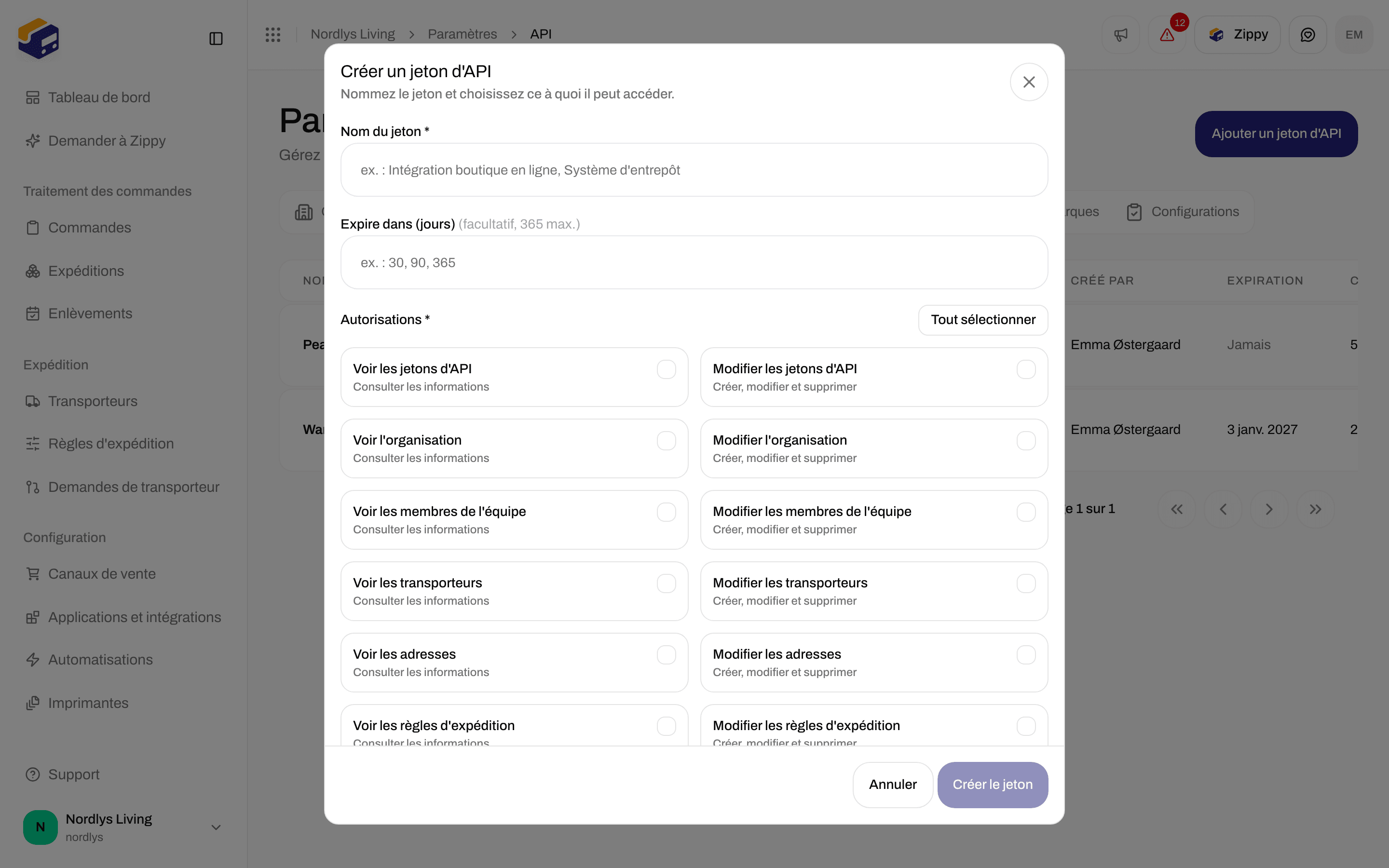 Fenêtre Créer un jeton d'API avec Nom du jeton, Expire dans (jours) et cases d'autorisations