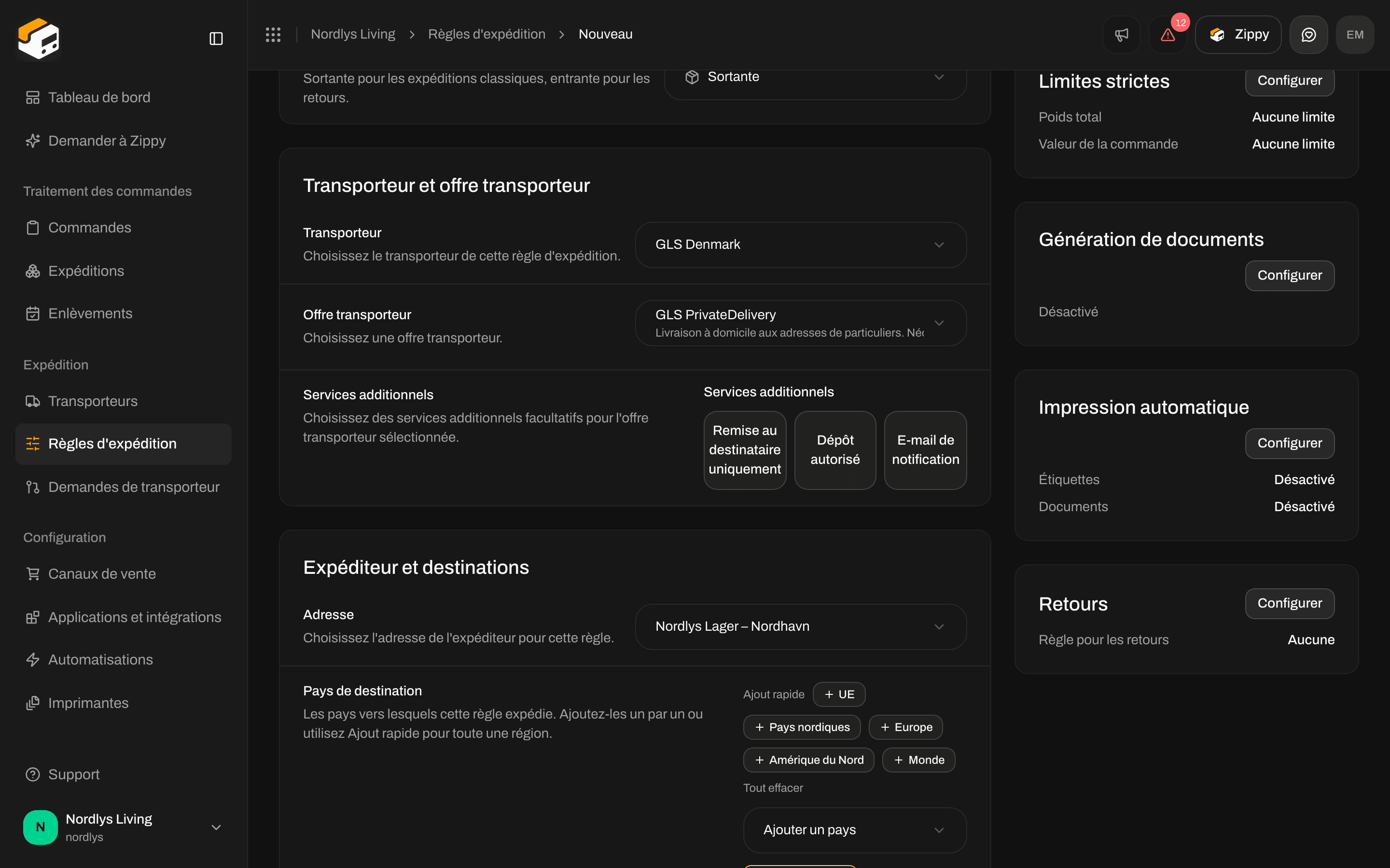 Formulaire Créer une règle d'expédition avec le transporteur, l'offre transporteur, les services additionnels, l'adresse de l'expéditeur et les pays de destination renseignés
