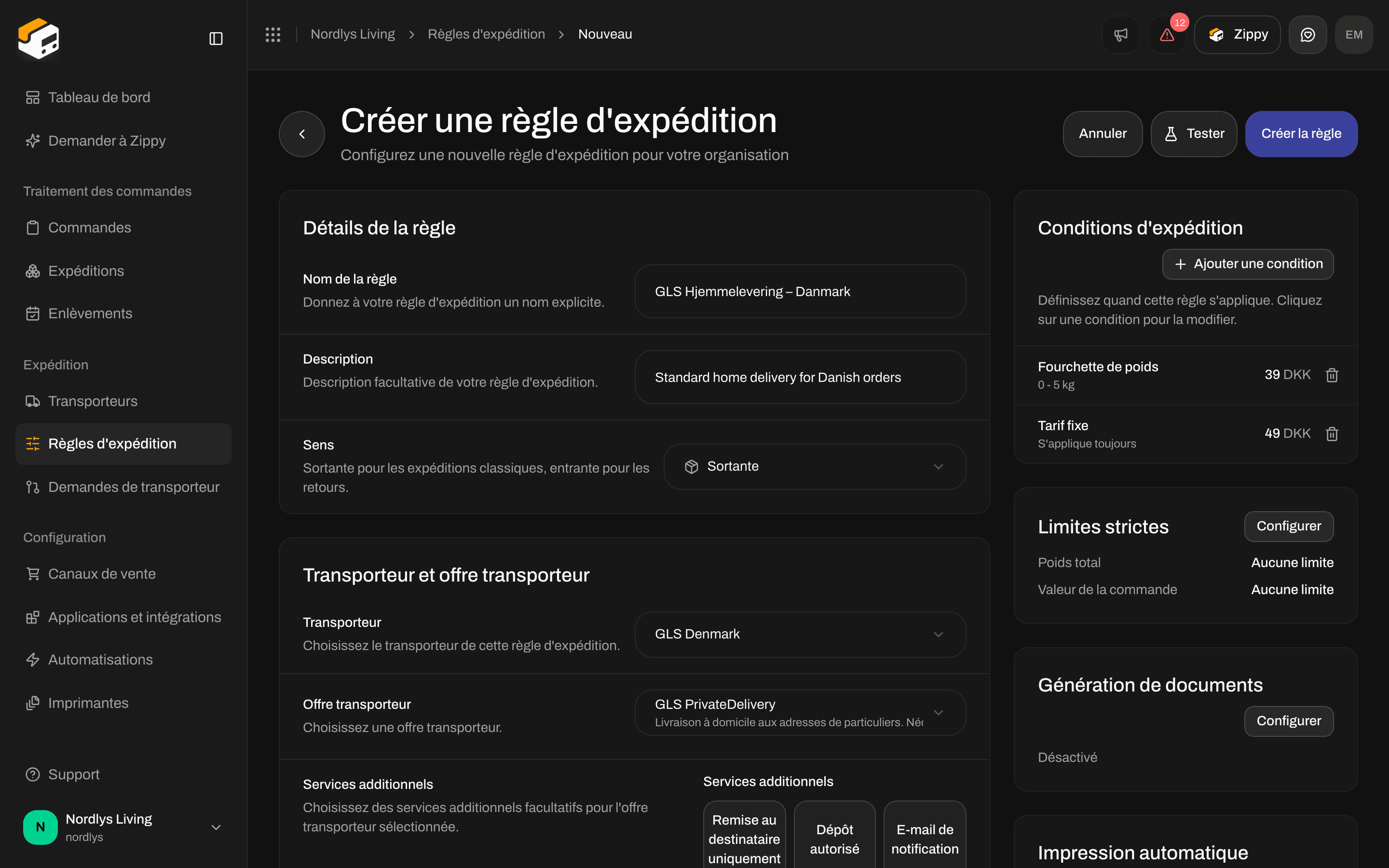 Conditions d'expédition avec une condition de poids à 39 DKK et une condition de tarif fixe à 49 DKK
