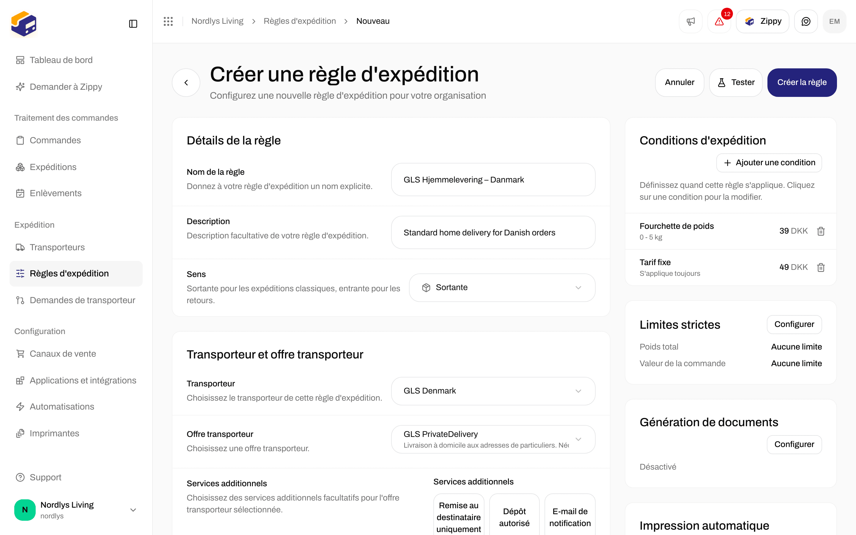 Conditions d'expédition avec une condition de poids à 39 DKK et une condition de tarif fixe à 49 DKK