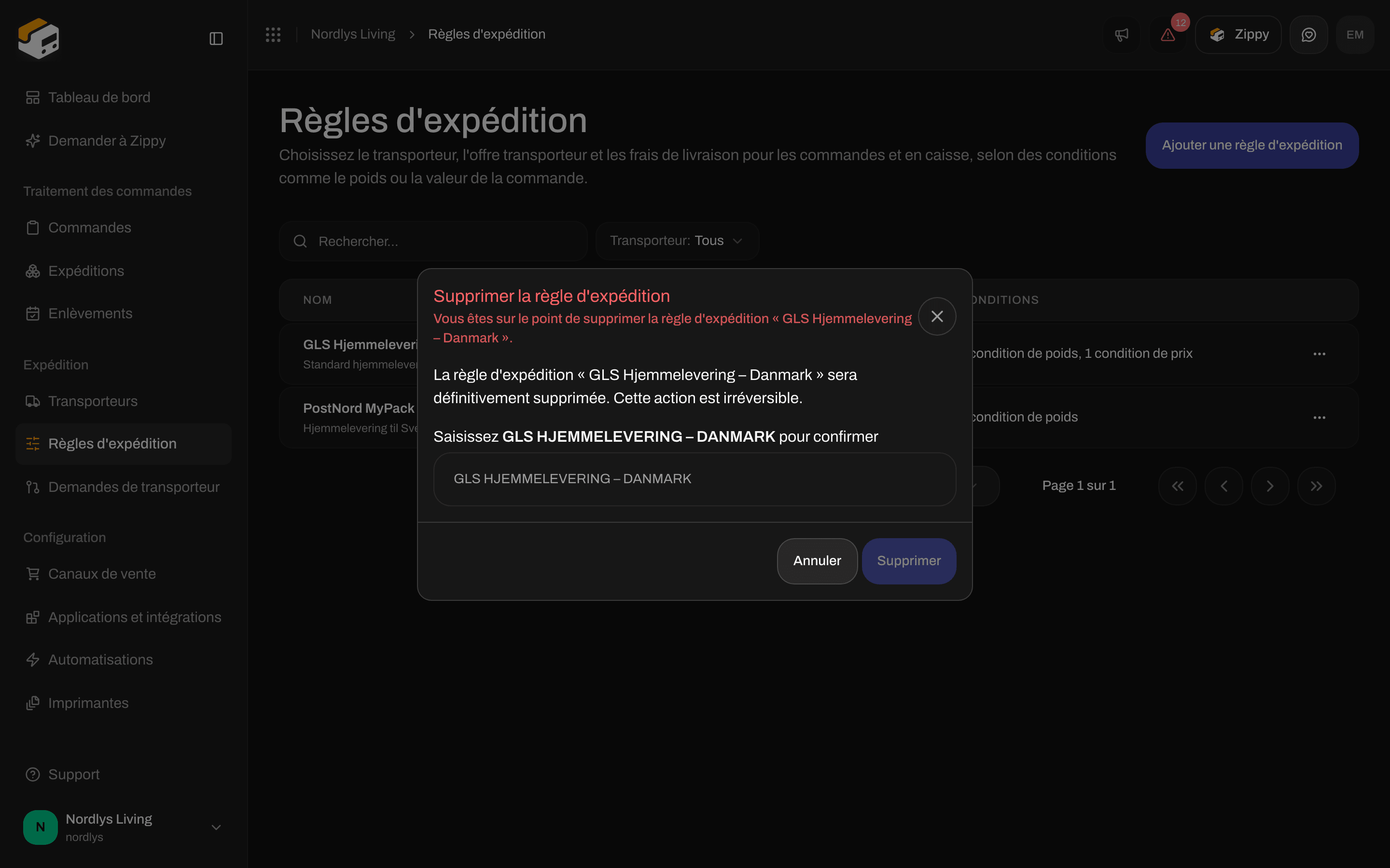 Fenêtre Supprimer la règle d'expédition demandant de saisir GLS HJEMMELEVERING – DANMARK pour confirmer