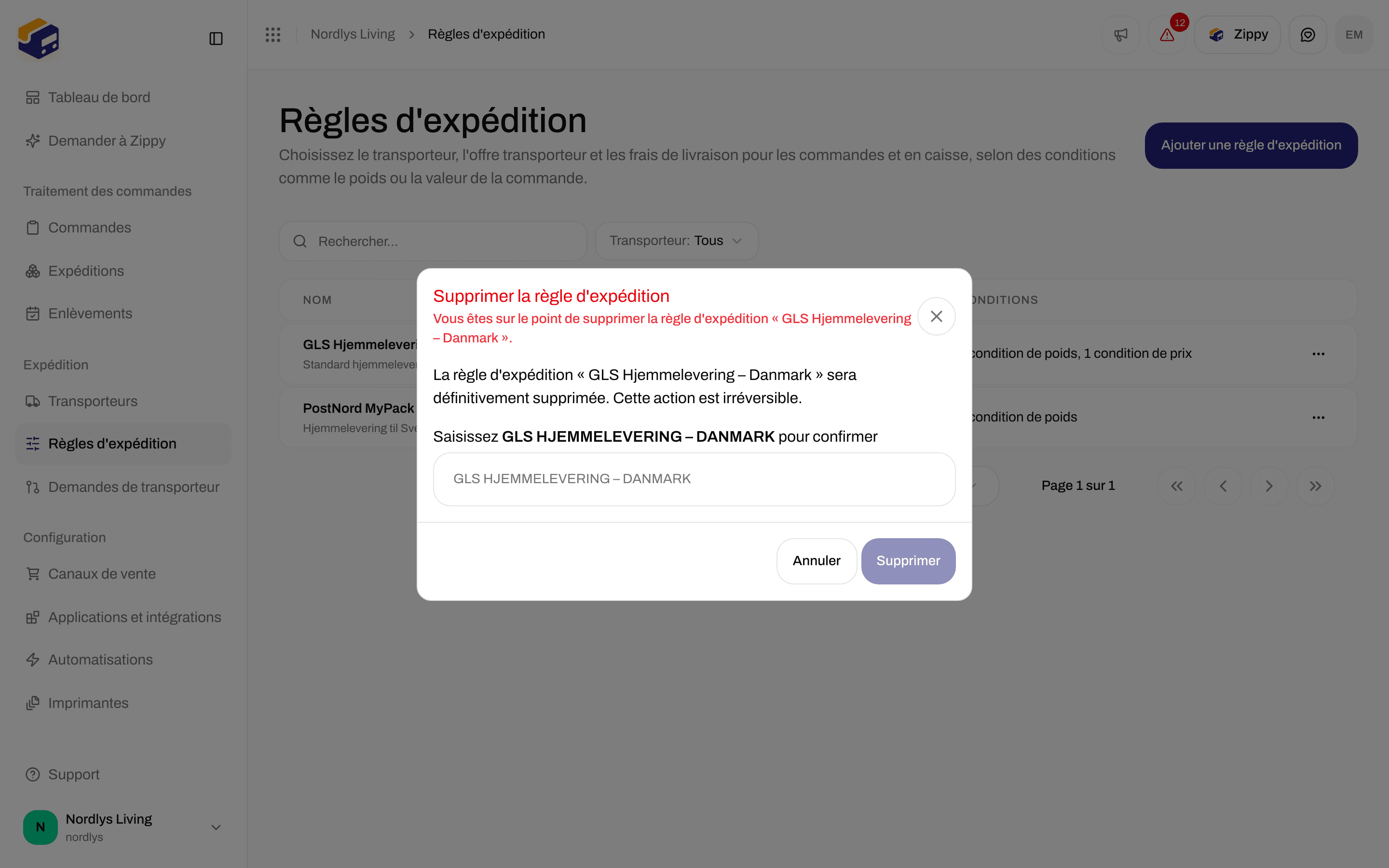 Fenêtre Supprimer la règle d'expédition demandant de saisir GLS HJEMMELEVERING – DANMARK pour confirmer