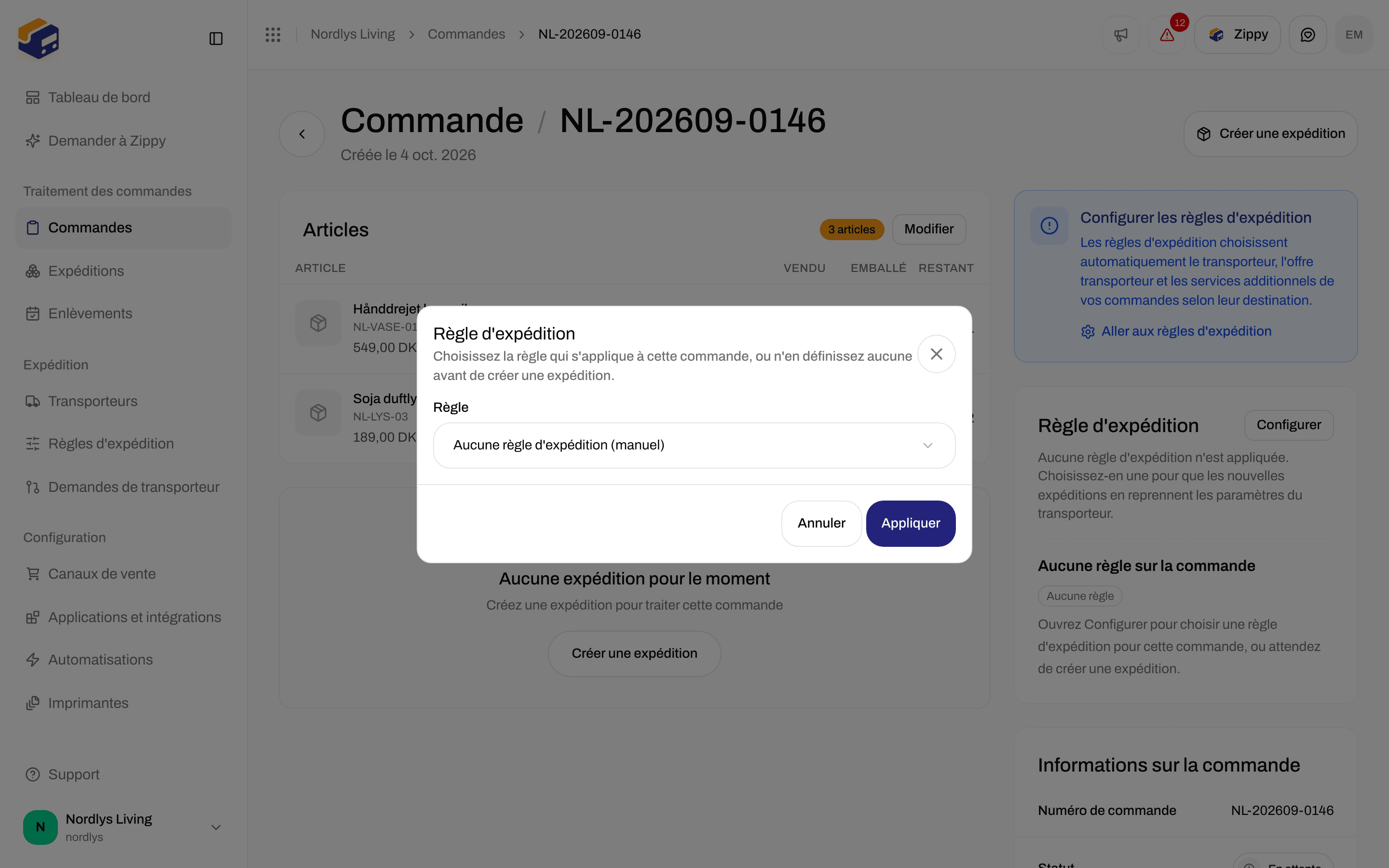 Fenêtre Règle d'expédition sur une commande avec la liste des règles réglée sur Aucune règle d'expédition (manuel)