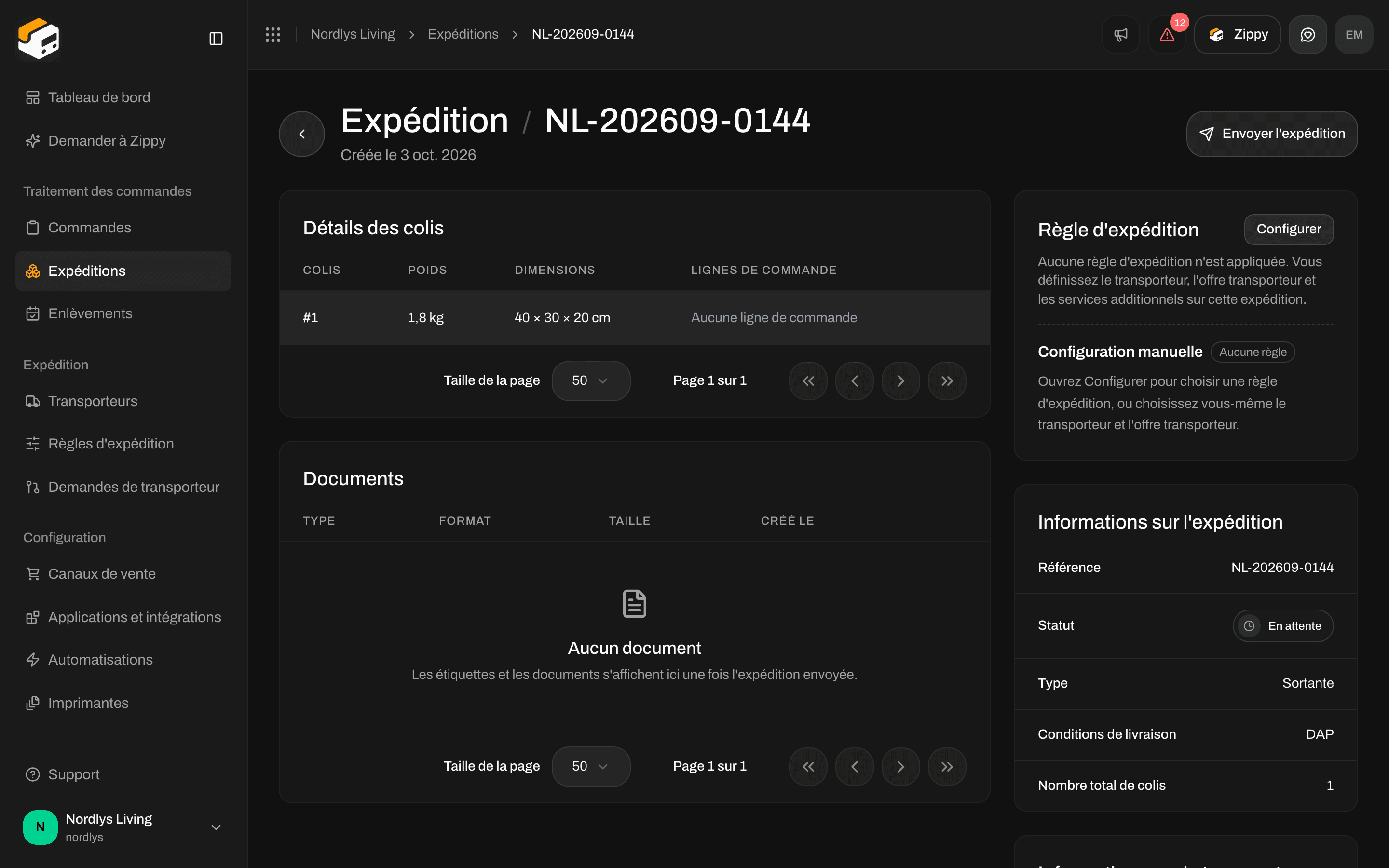 Vue d'ensemble de l'expédition avec la section Règle d'expédition sur Configuration manuelle et Paramètres des imprimantes à côté