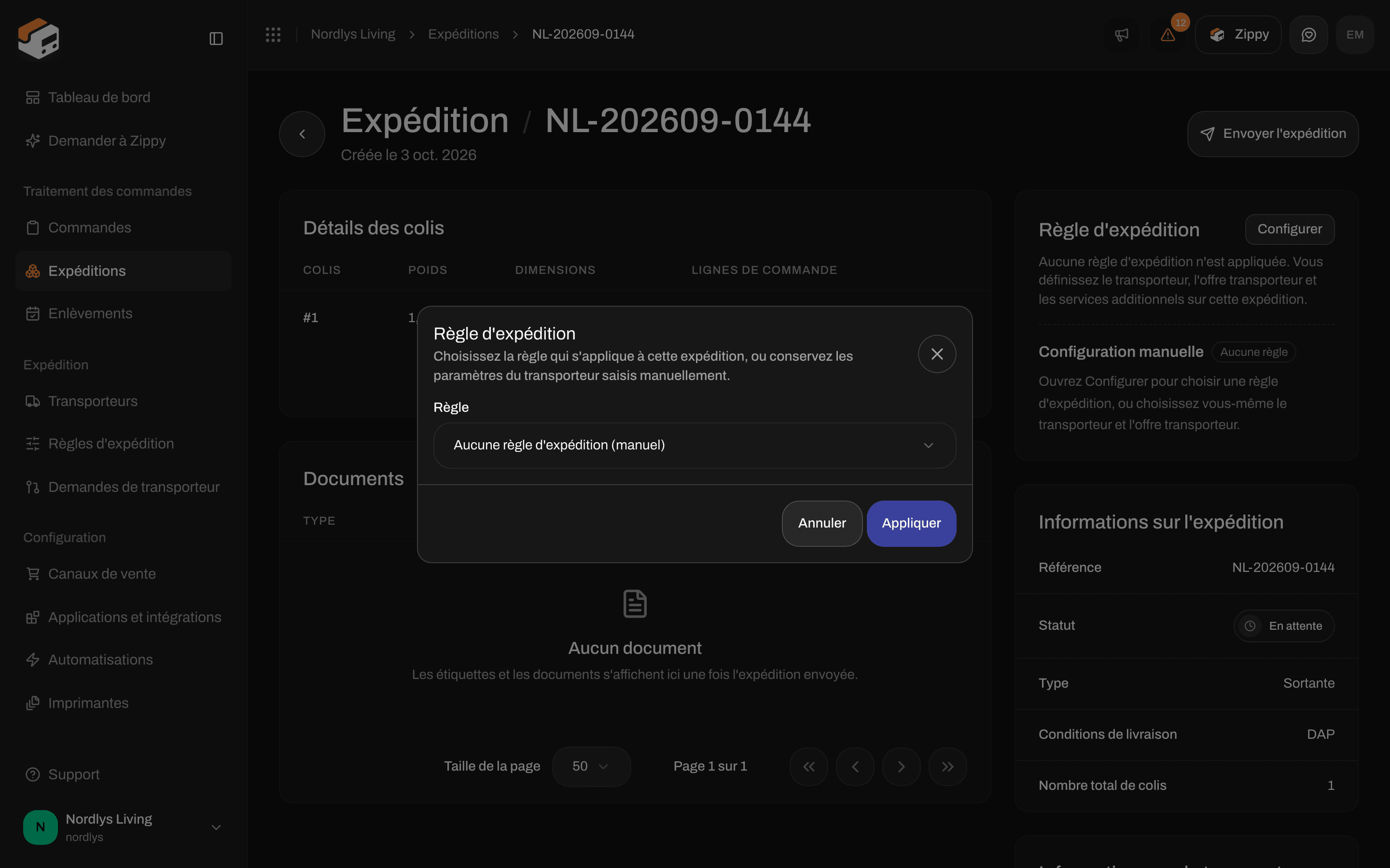Fenêtre Règle d'expédition sur une expédition avec Appliquer et une liste de règles
