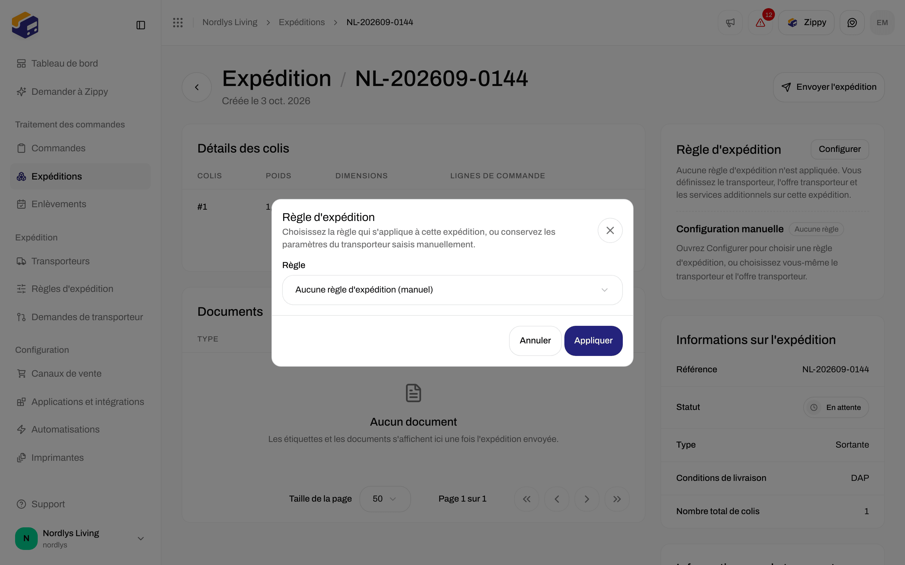 Fenêtre Règle d'expédition sur une expédition avec Appliquer et une liste de règles