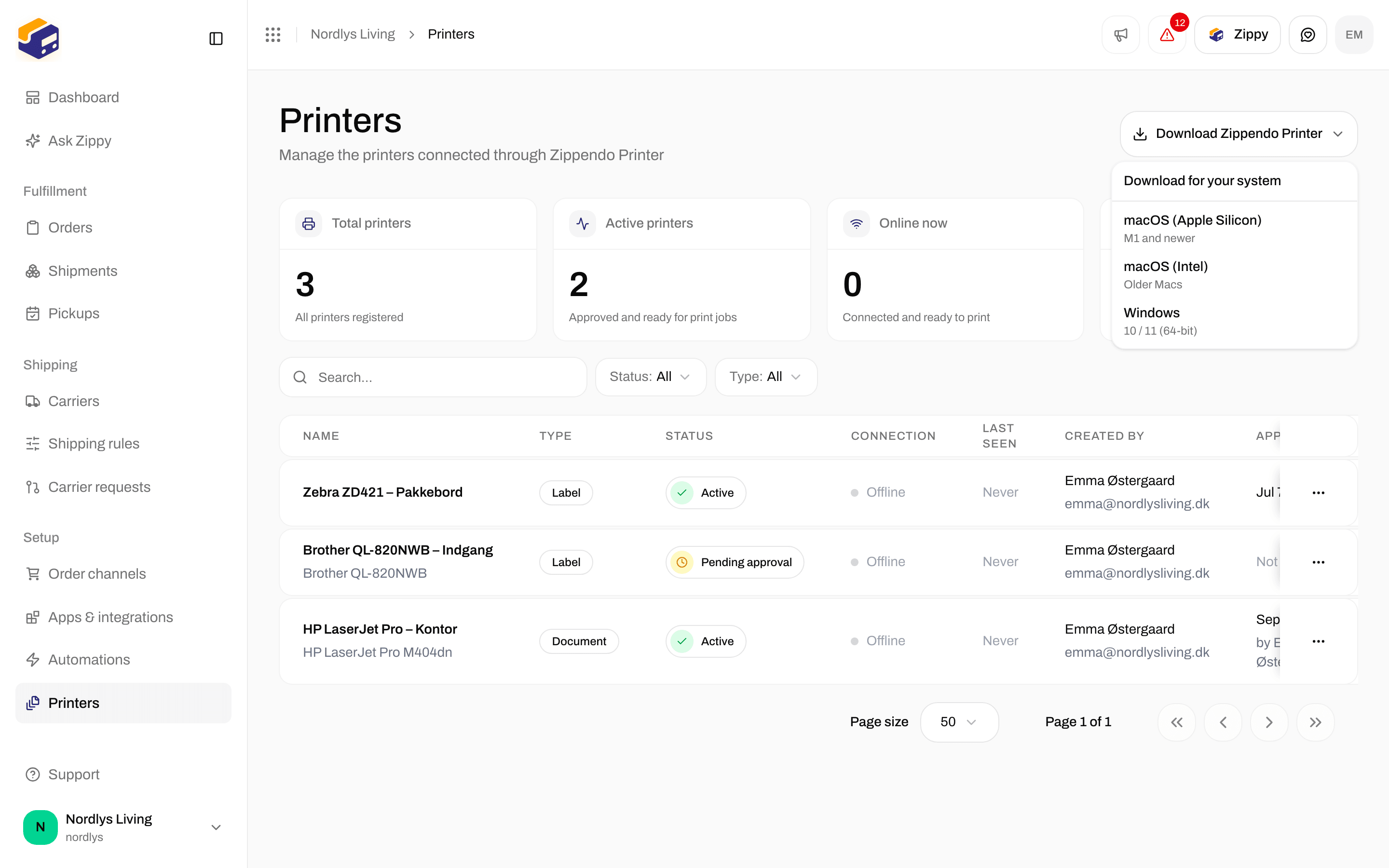 Download menu on the Printers page with macOS Apple Silicon, macOS Intel and Windows installers