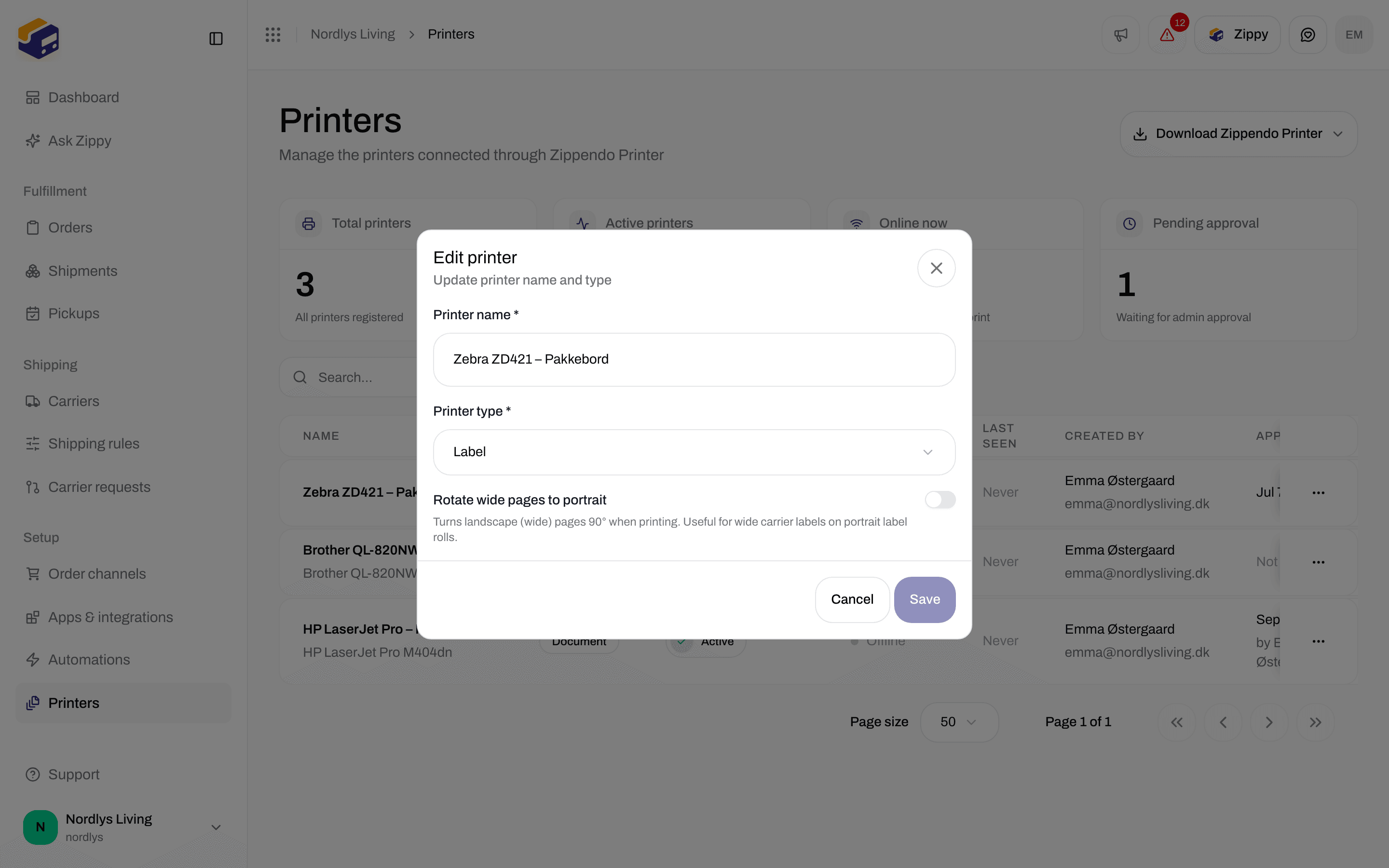 Edit printer window with Printer name, Printer type set to Label, and the Rotate wide pages to portrait switch