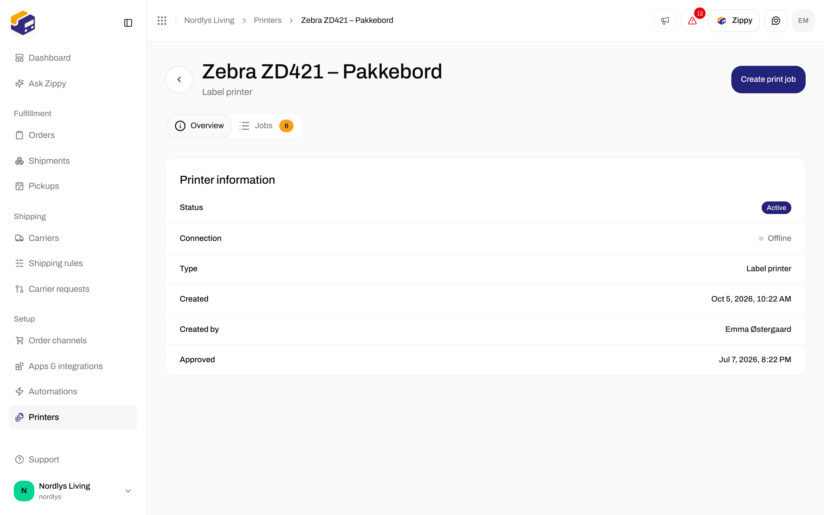 Printer page Overview tab with Printer information, status Active and connection Offline