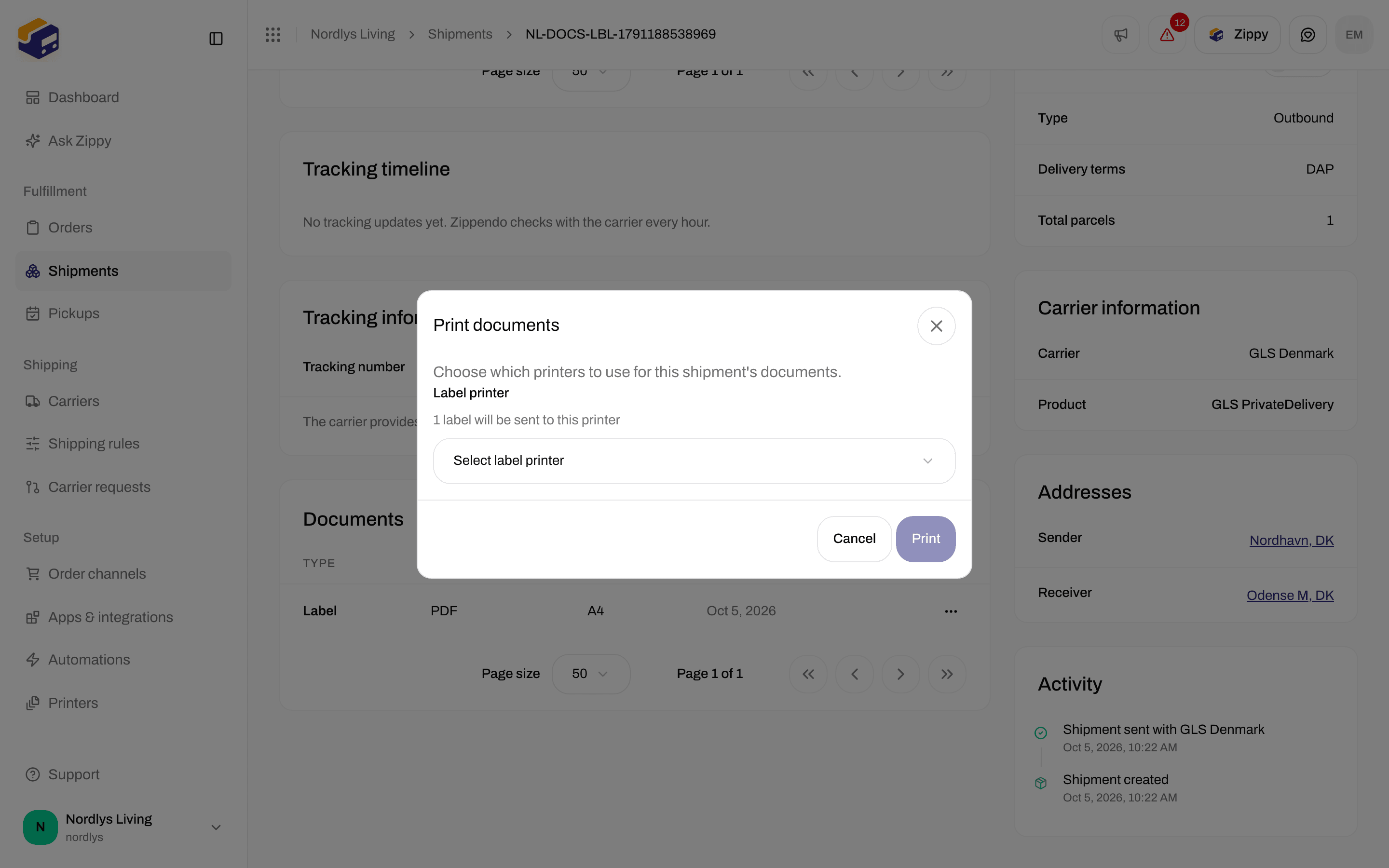 Print documents window asking you to choose a label printer for the shipment's documents