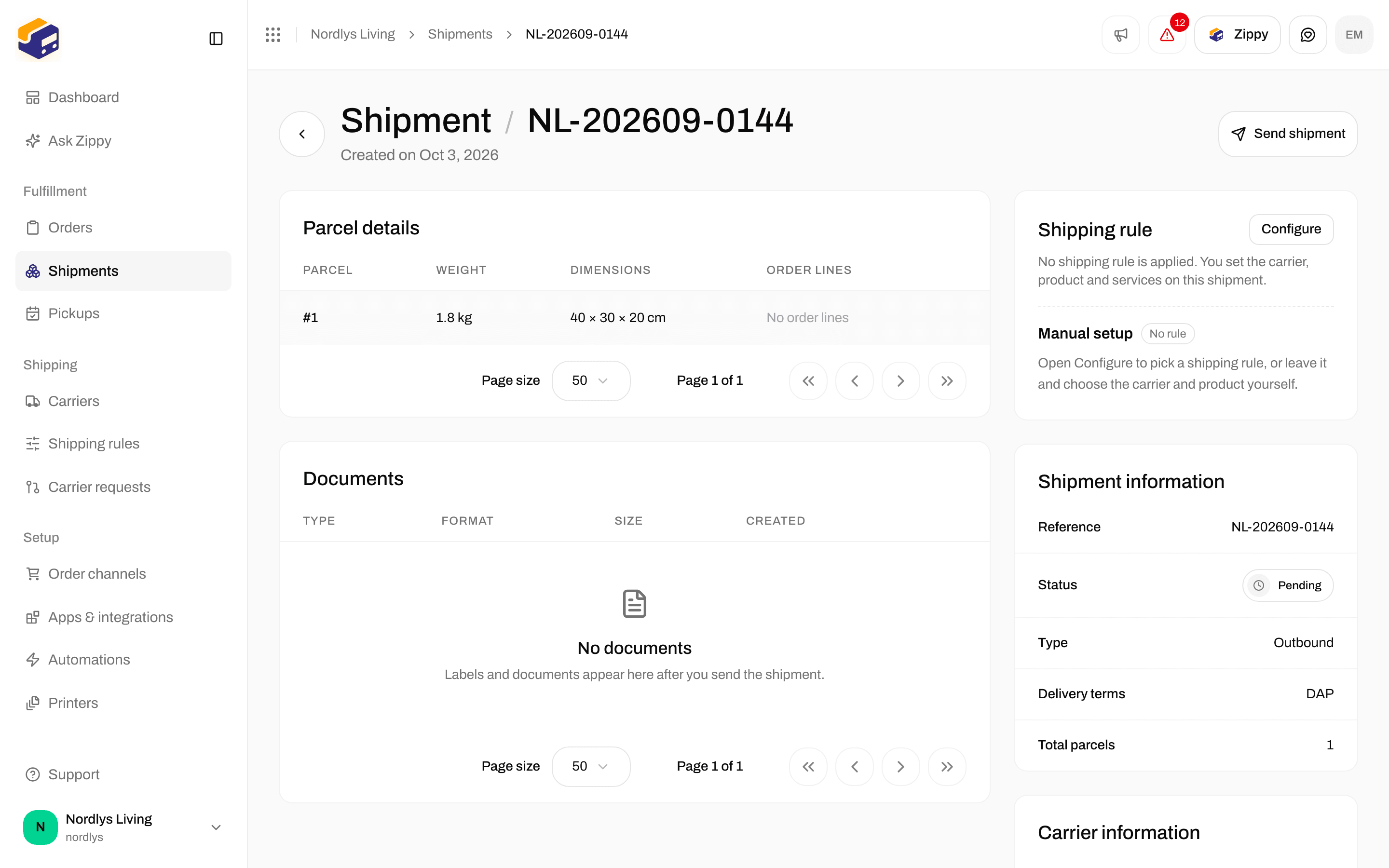 Shipment Overview with the Shipping rule card, Configure, and either Manual setup or an active rule