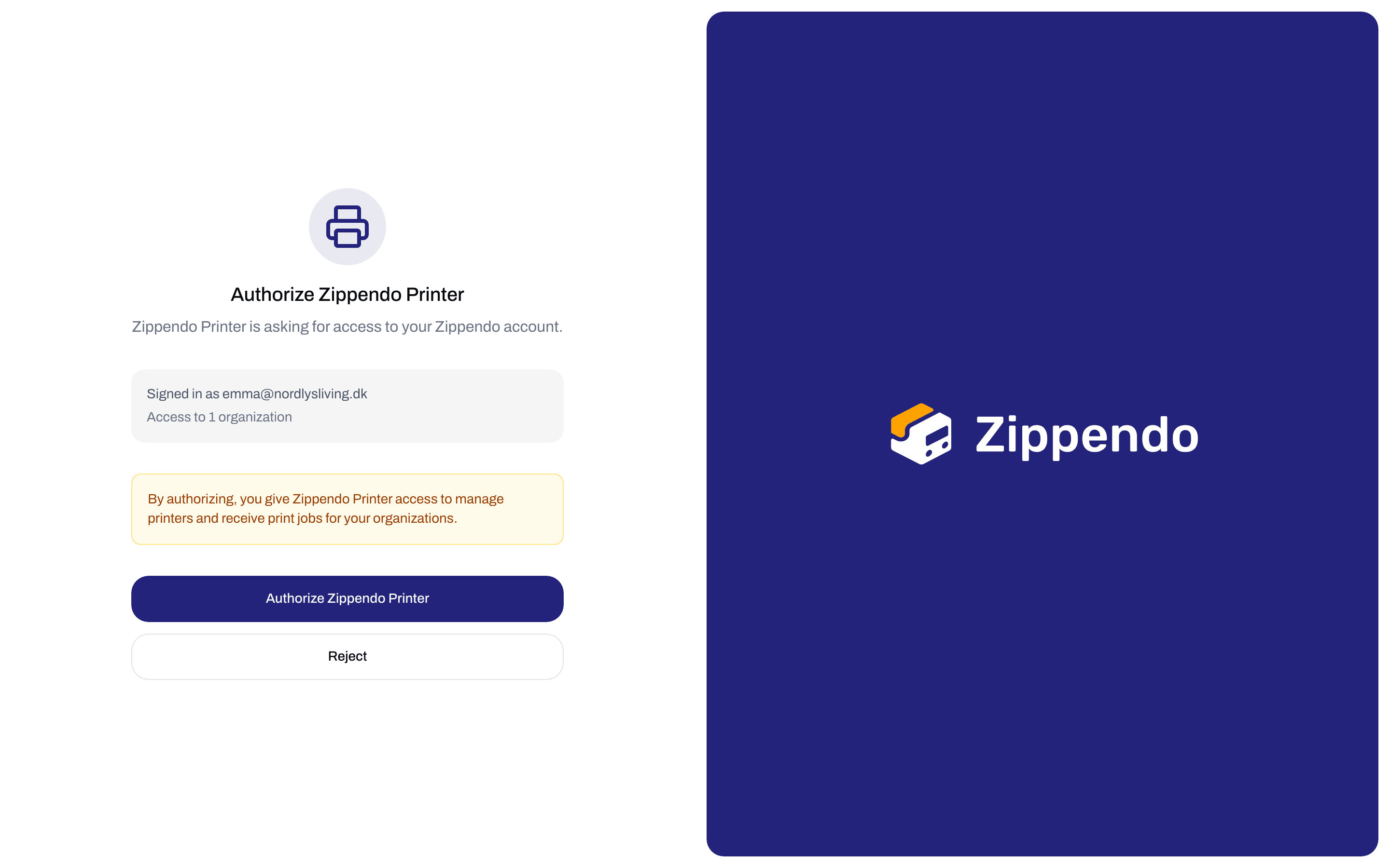 Authorize page in the browser with the signed-in email, the access warning, and the Authorize and Reject buttons