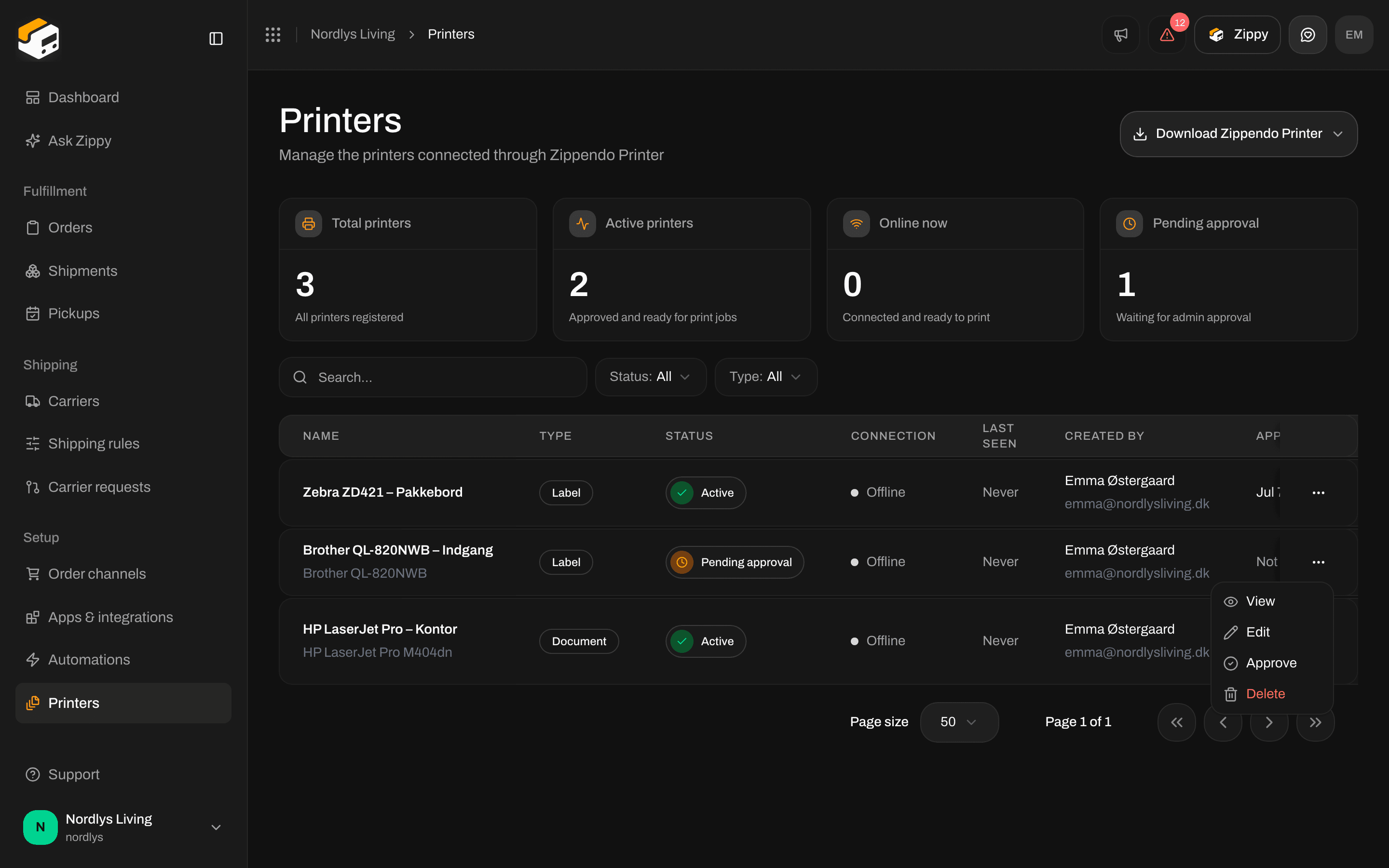 Printers page with a Pending approval printer and the Approve action in the row menu