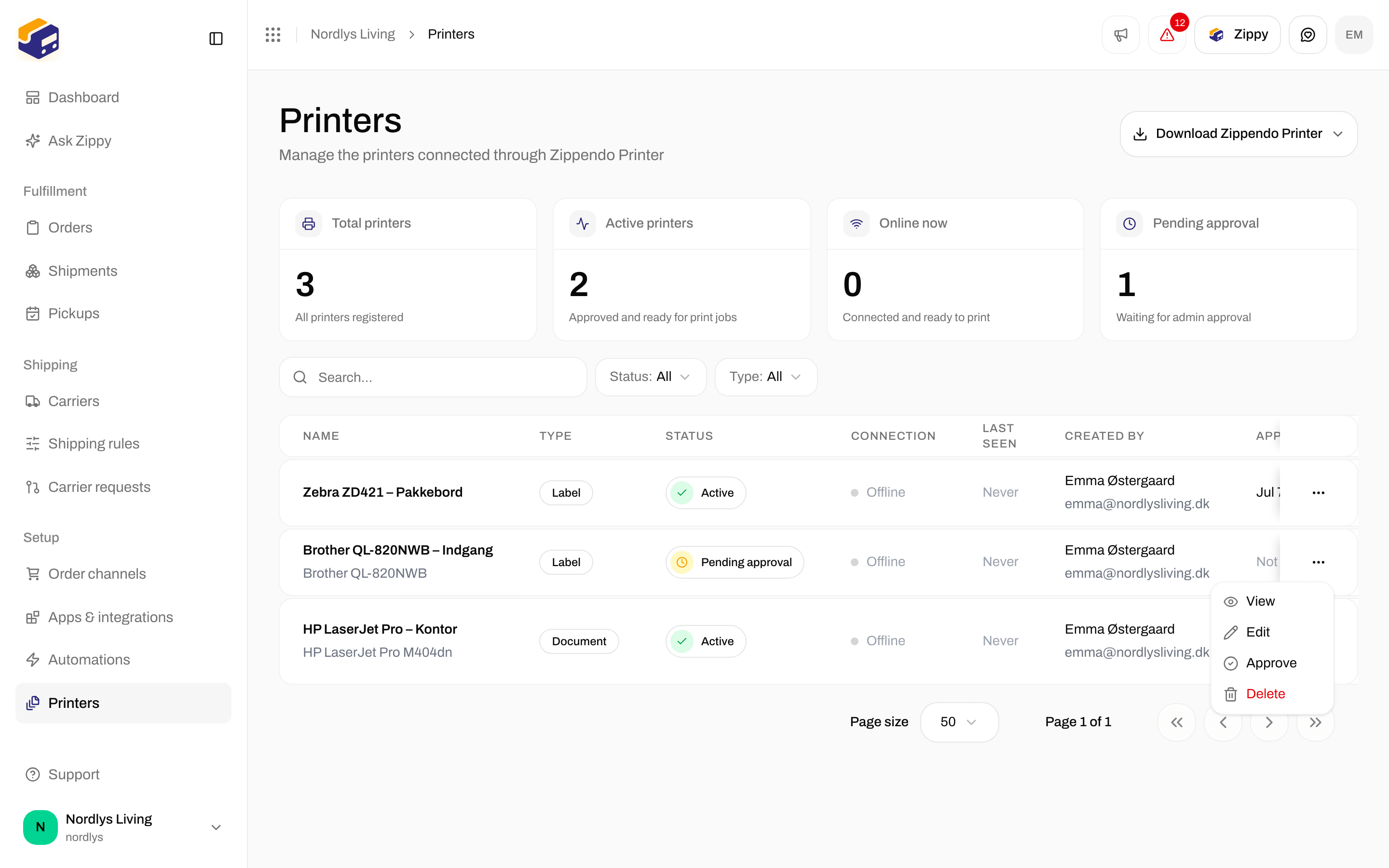 Printers page with a Pending approval printer and the Approve action in the row menu