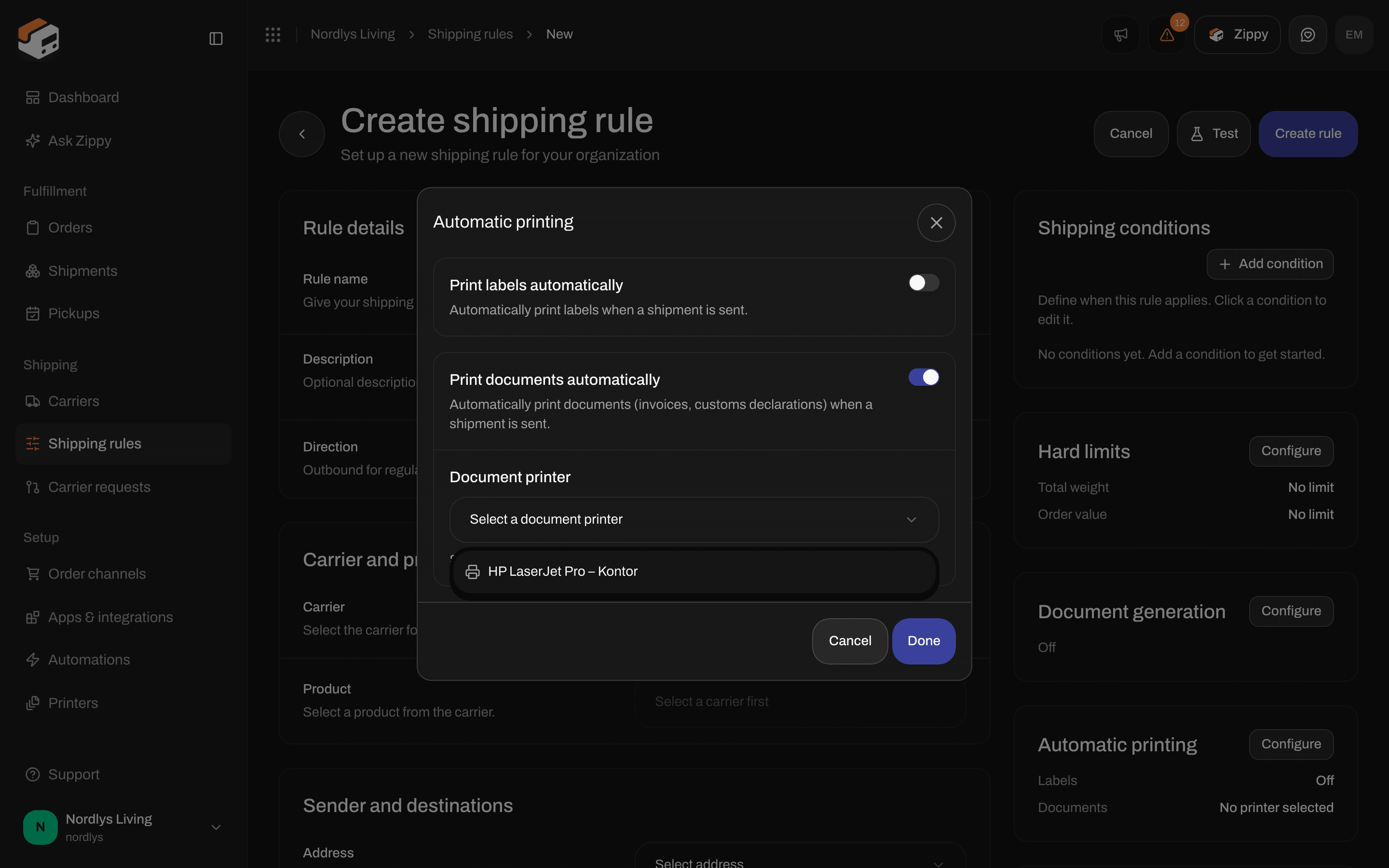 Automatic printing dialog with Print documents automatically turned on and the Document printer list
