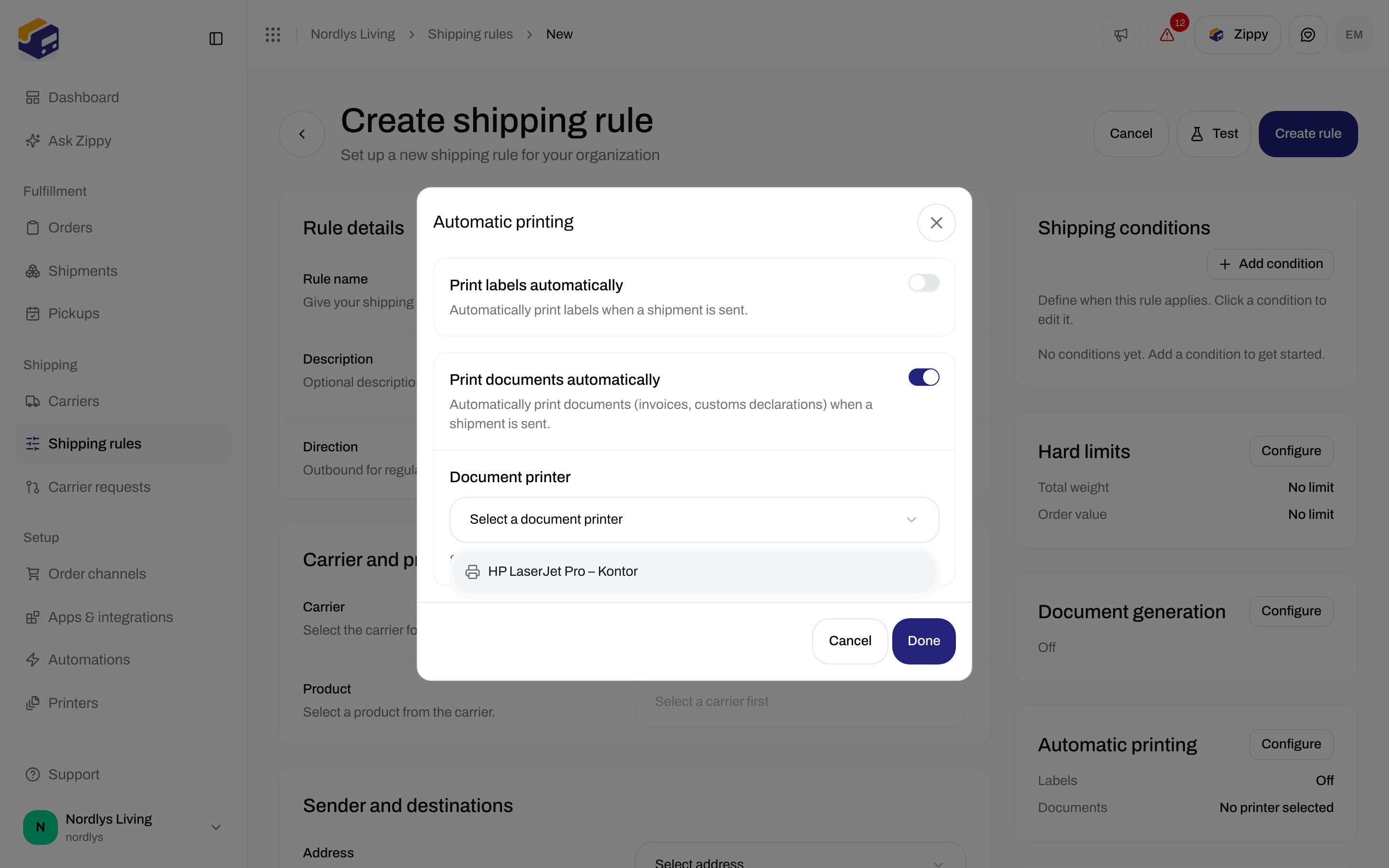 Automatic printing dialog with Print documents automatically turned on and the Document printer list