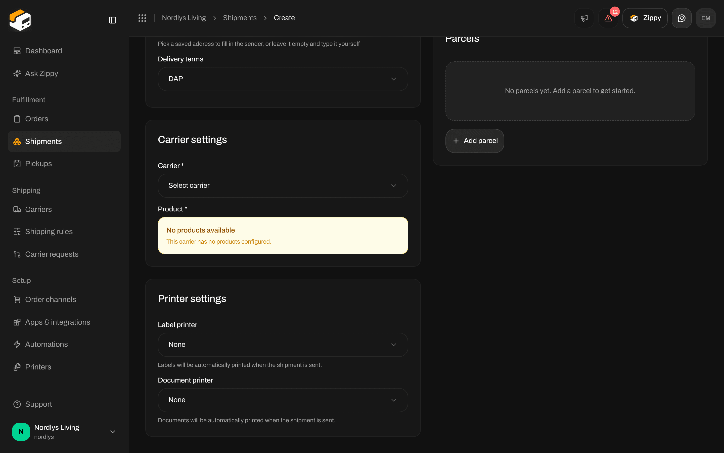 Printer settings box on Create shipment with Label printer and Document printer set to None
