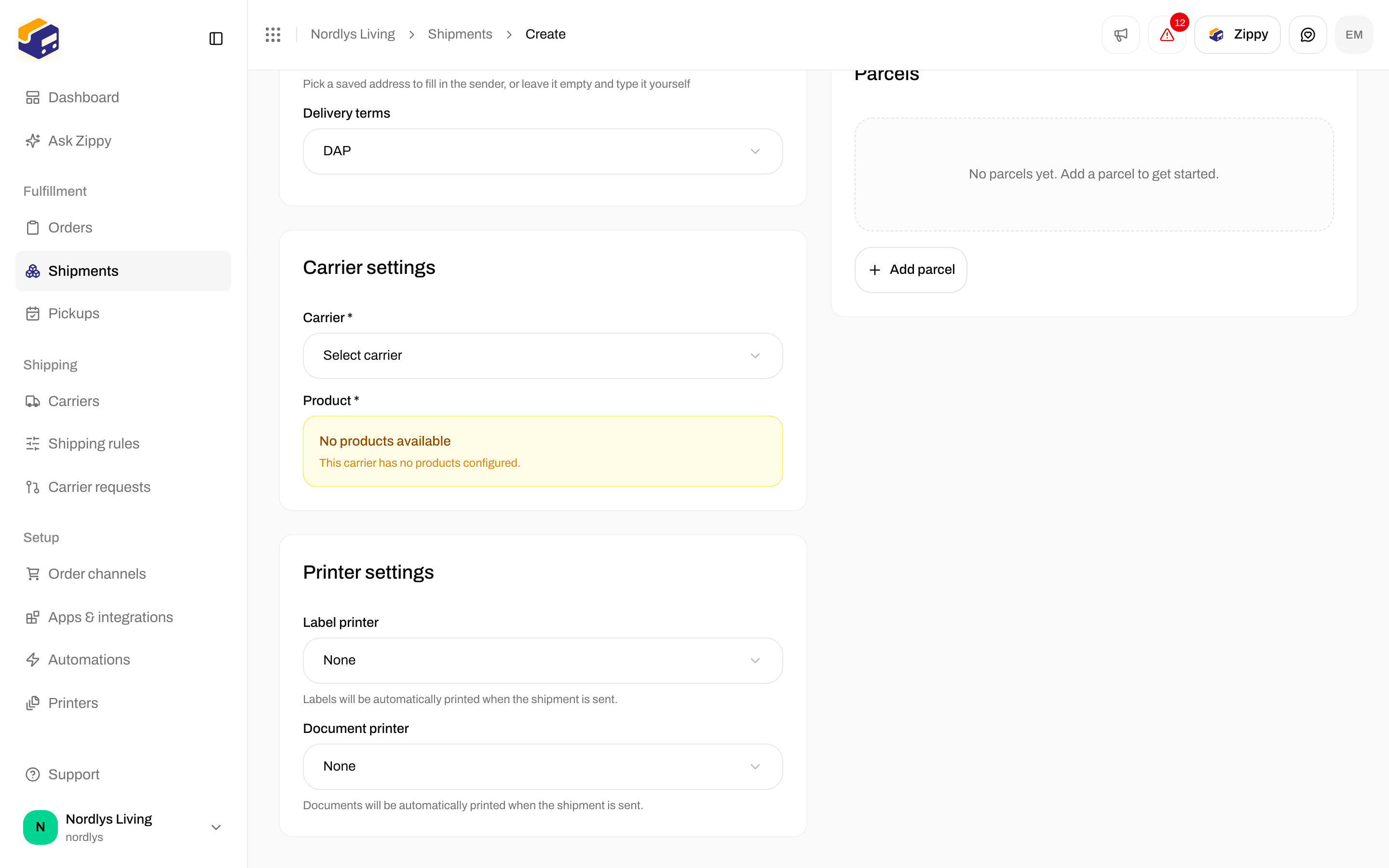 Printer settings box on Create shipment with Label printer and Document printer set to None