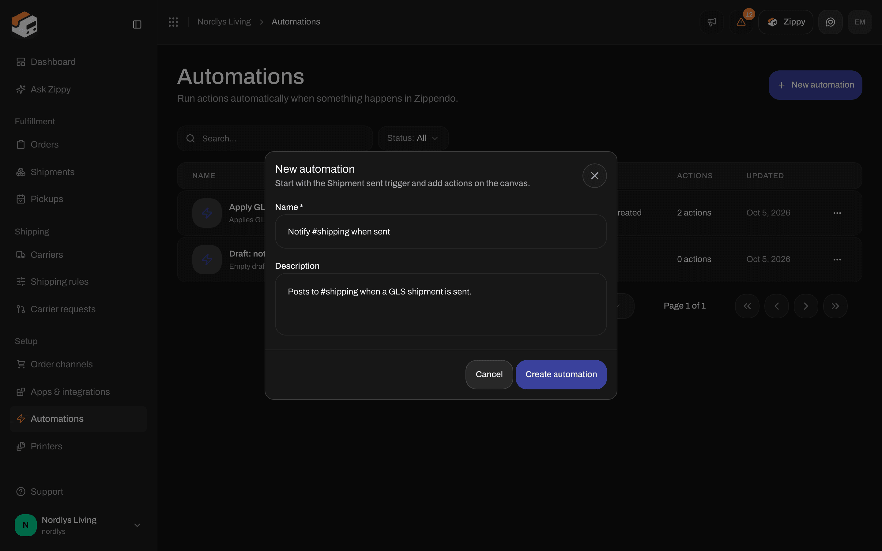 New automation window with Name, Description, Cancel and Create automation