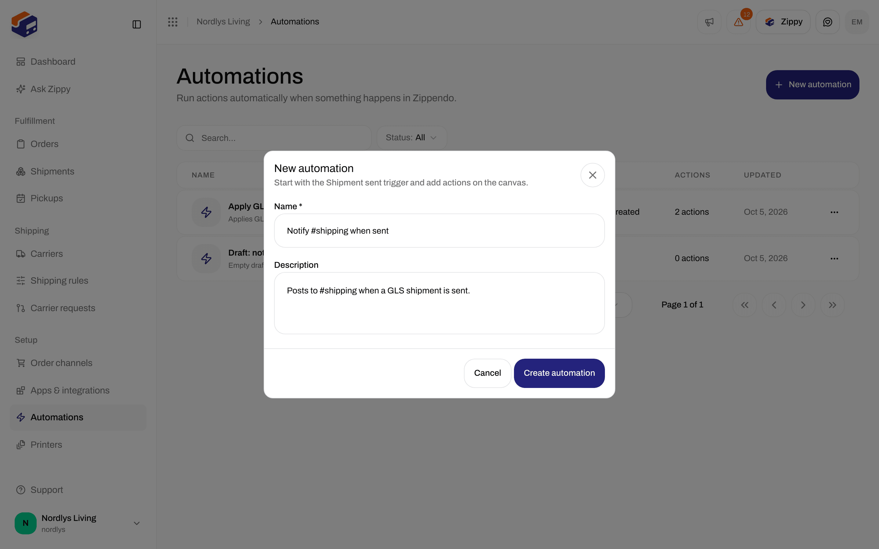 New automation window with Name, Description, Cancel and Create automation