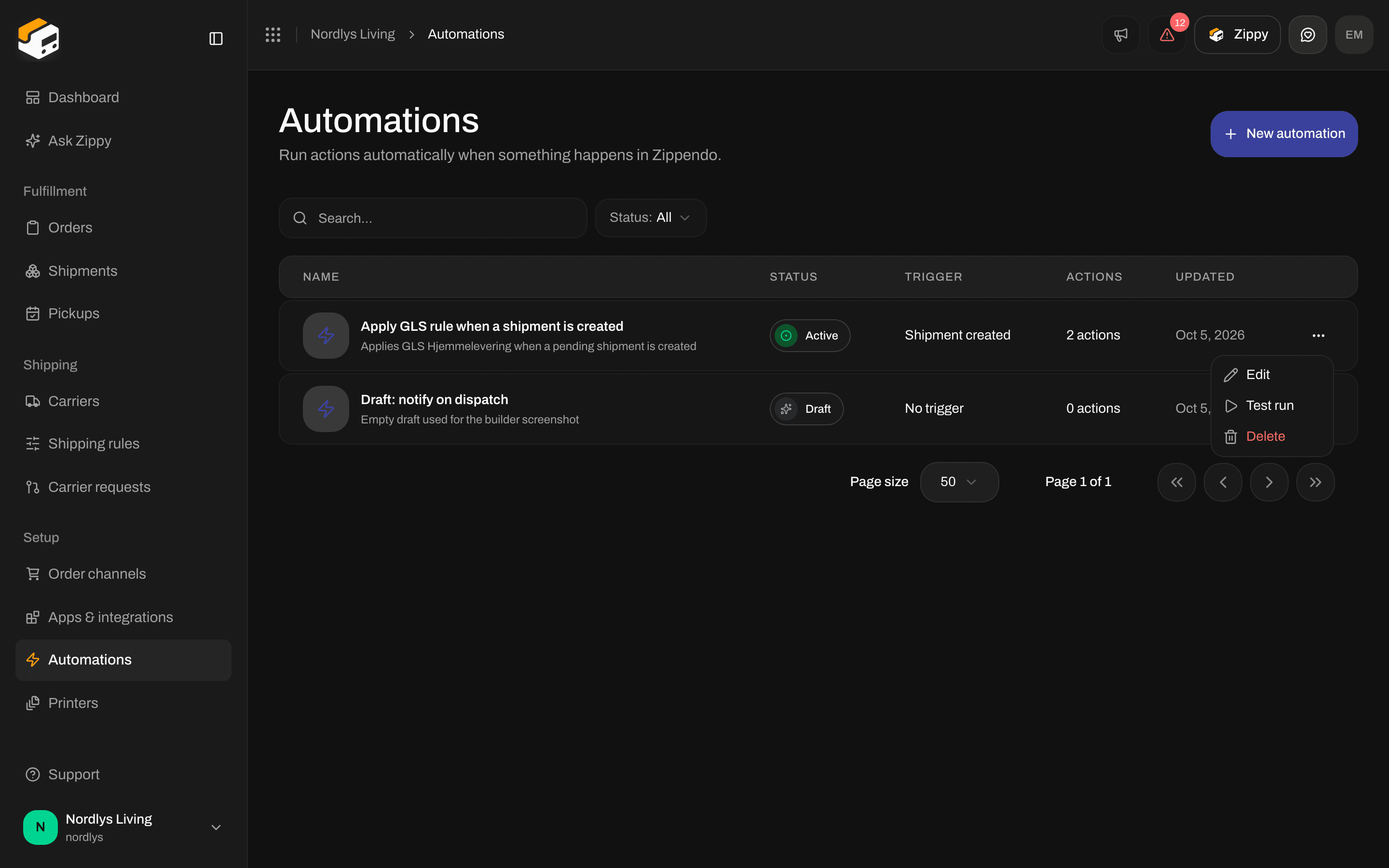 Automations row menu with Edit, Test run and Delete
