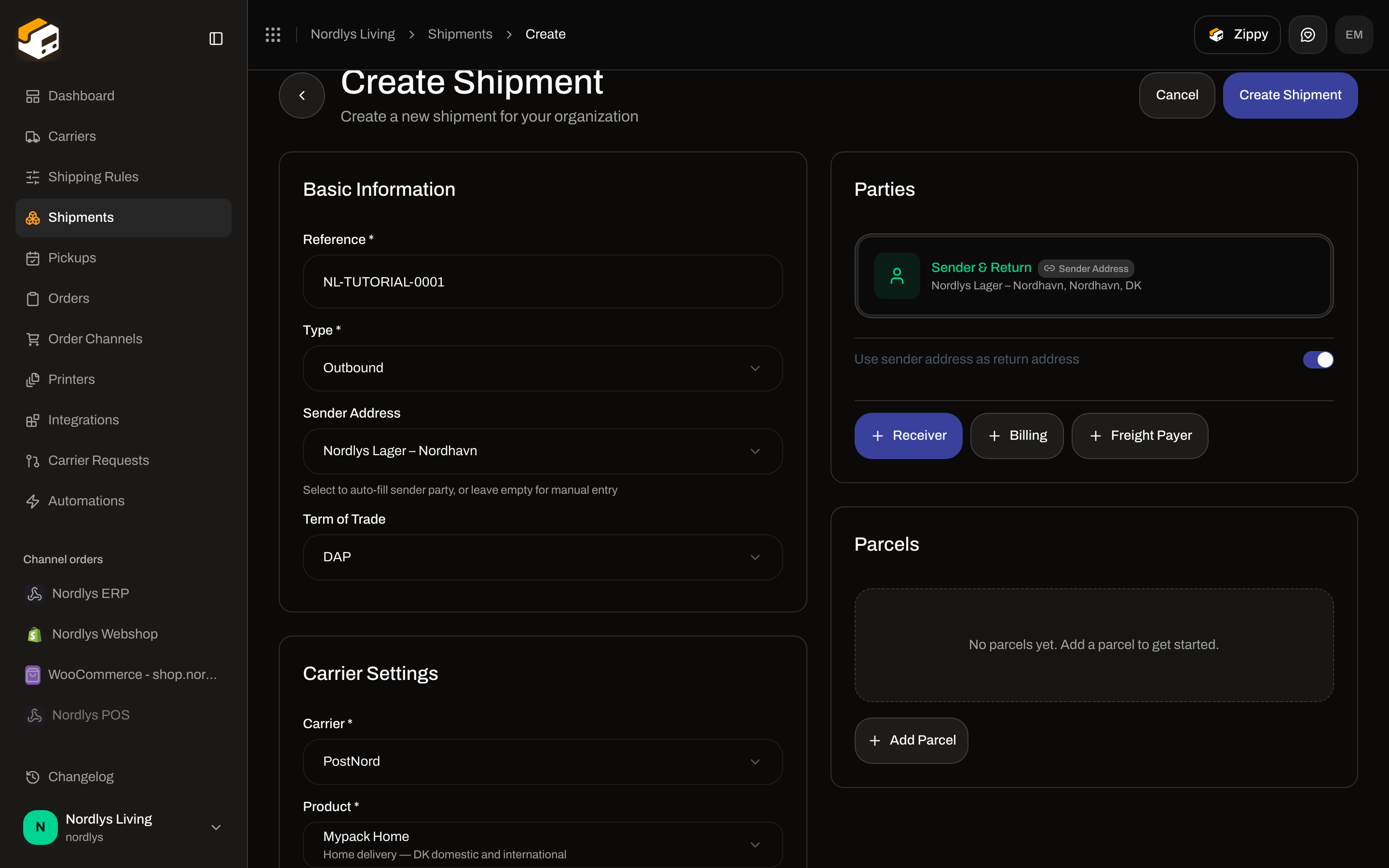 Create Shipment with PostNord Mypack Home and a grid of extra service chips plus search