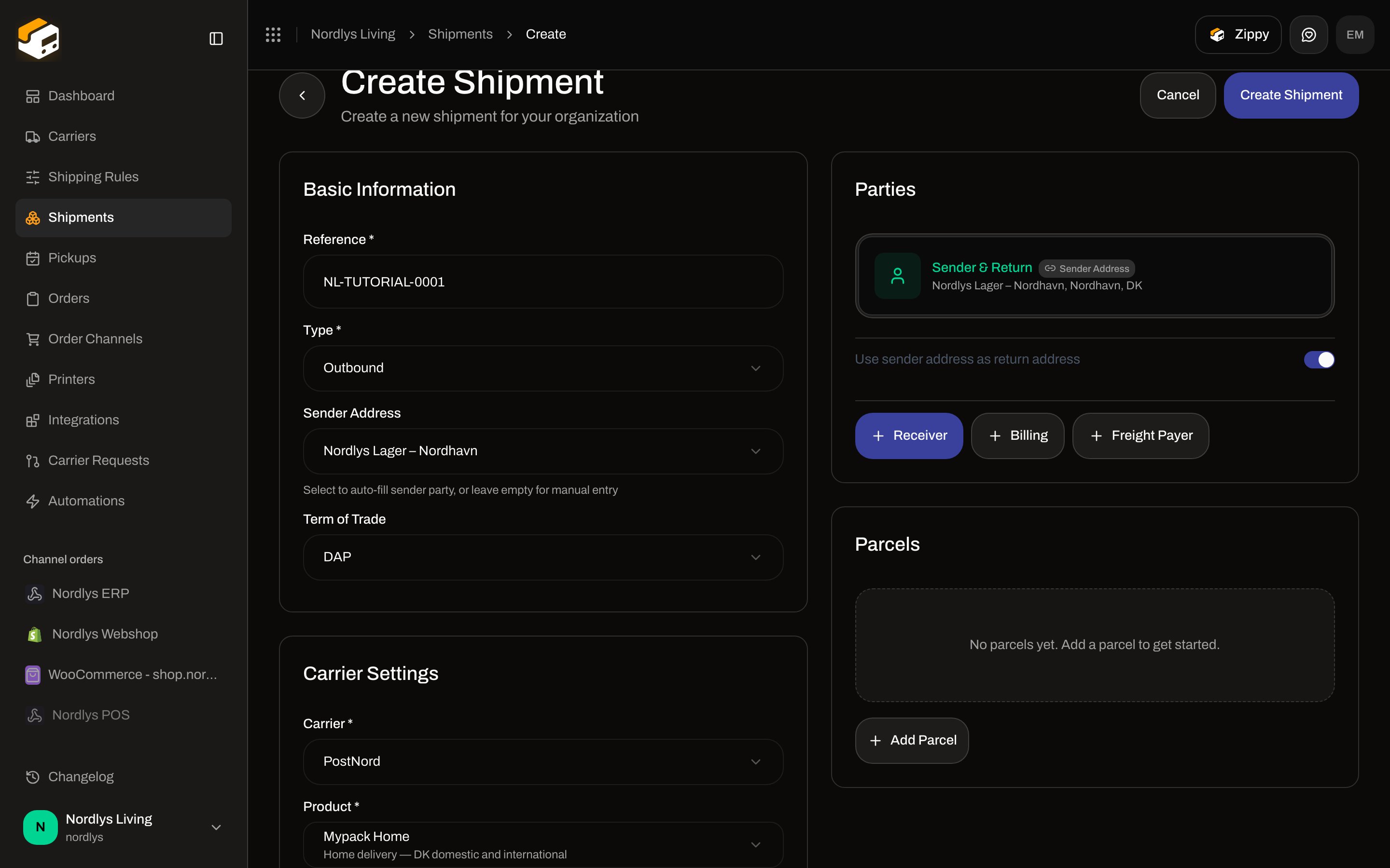 Create Shipment with PostNord Mypack Home and a grid of extra service chips plus search