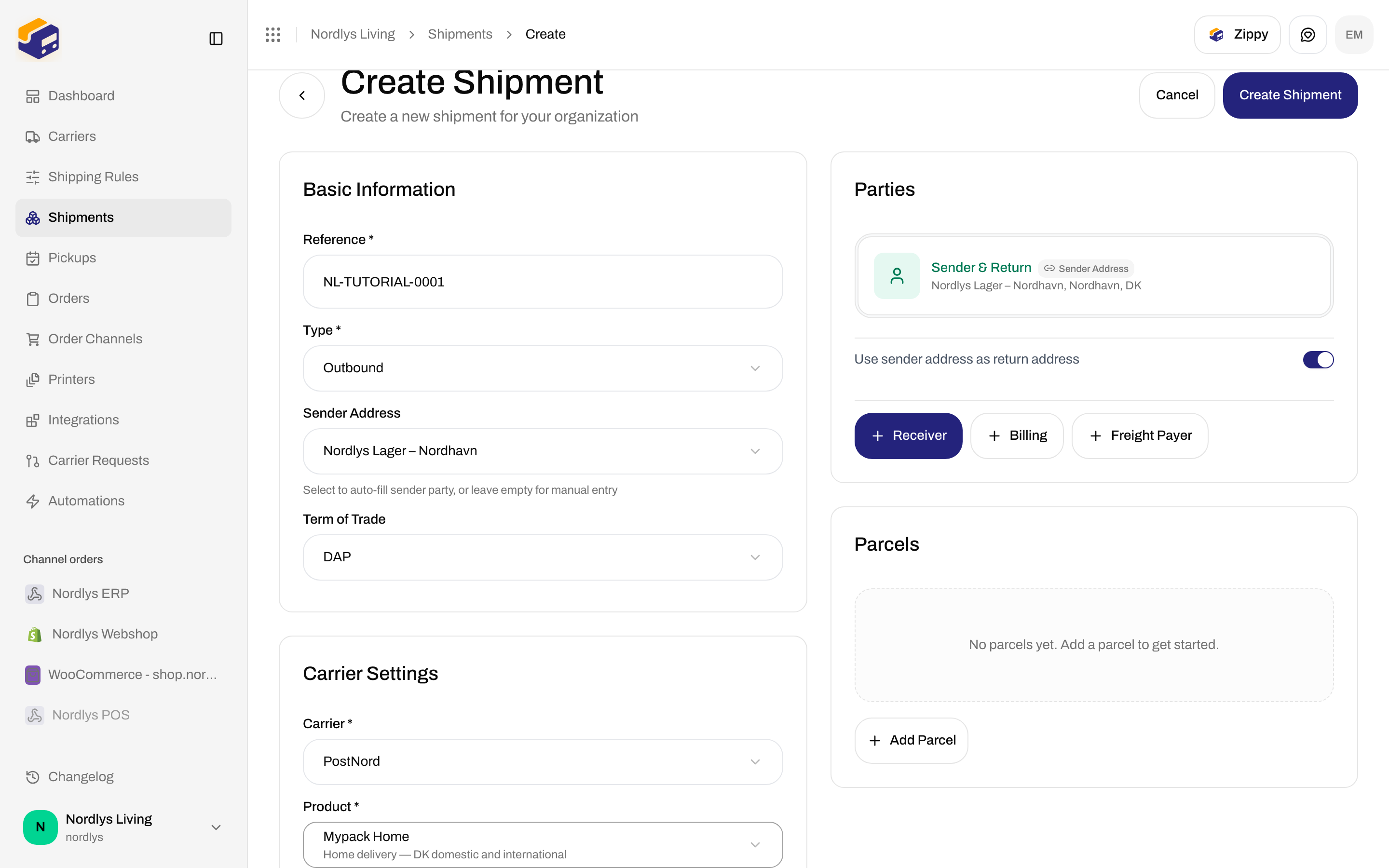Create Shipment with PostNord Mypack Home and a grid of extra service chips plus search