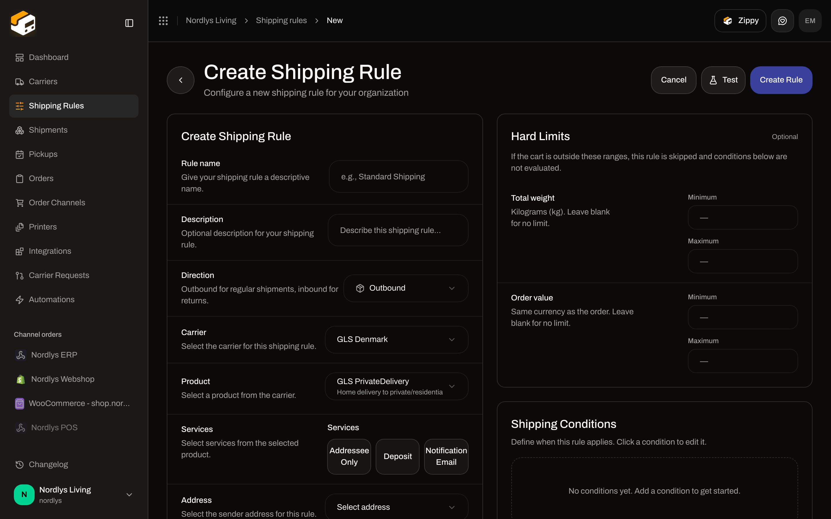 Add Shipping Rule form showing Carrier, Product, and Services fields