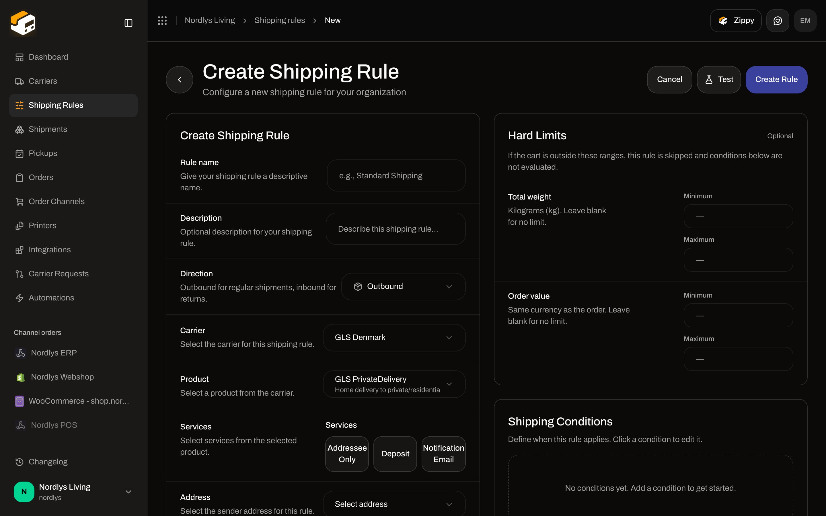 Add Shipping Rule form showing Carrier, Product, and Services fields