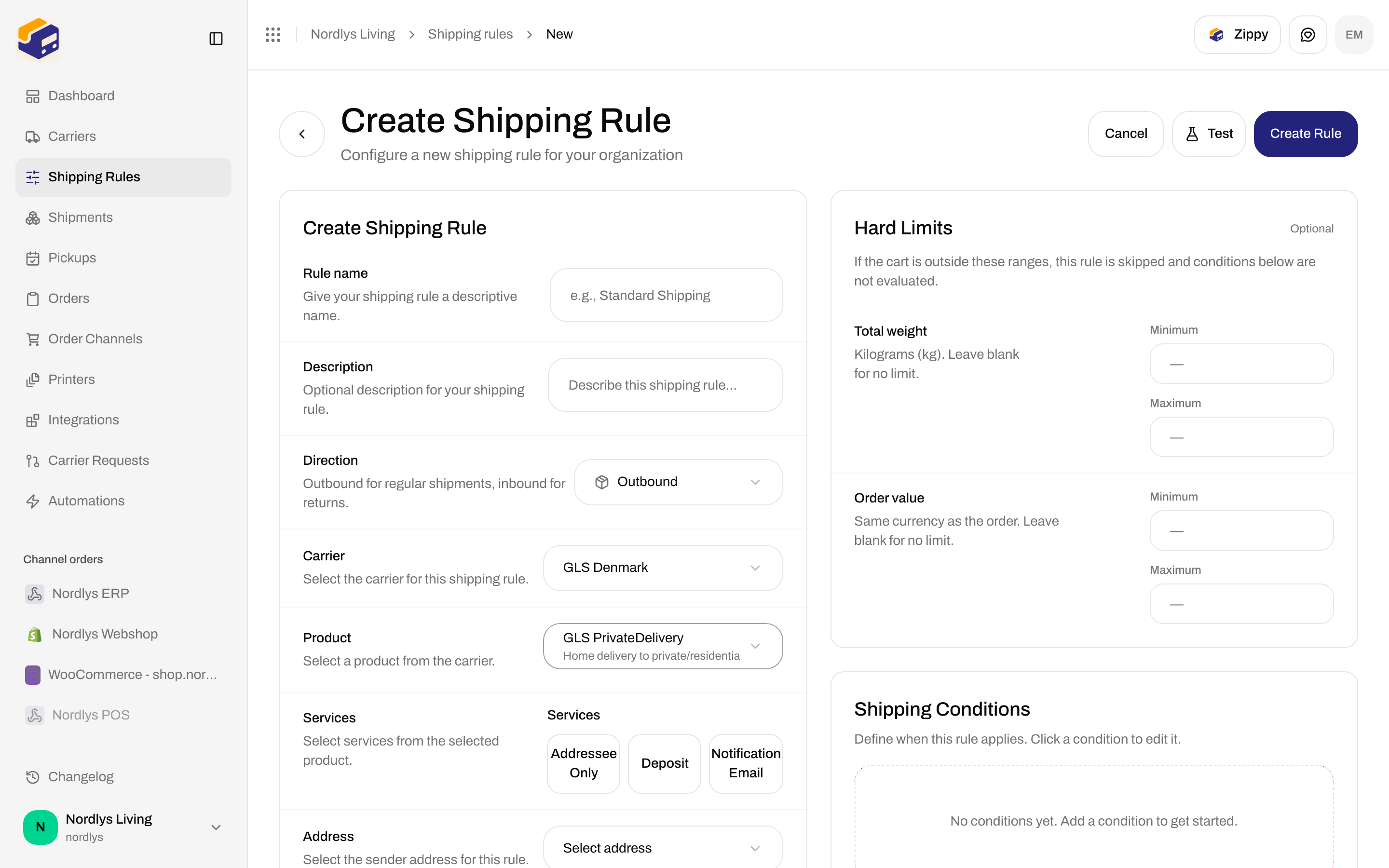 Add Shipping Rule form showing Carrier, Product, and Services fields