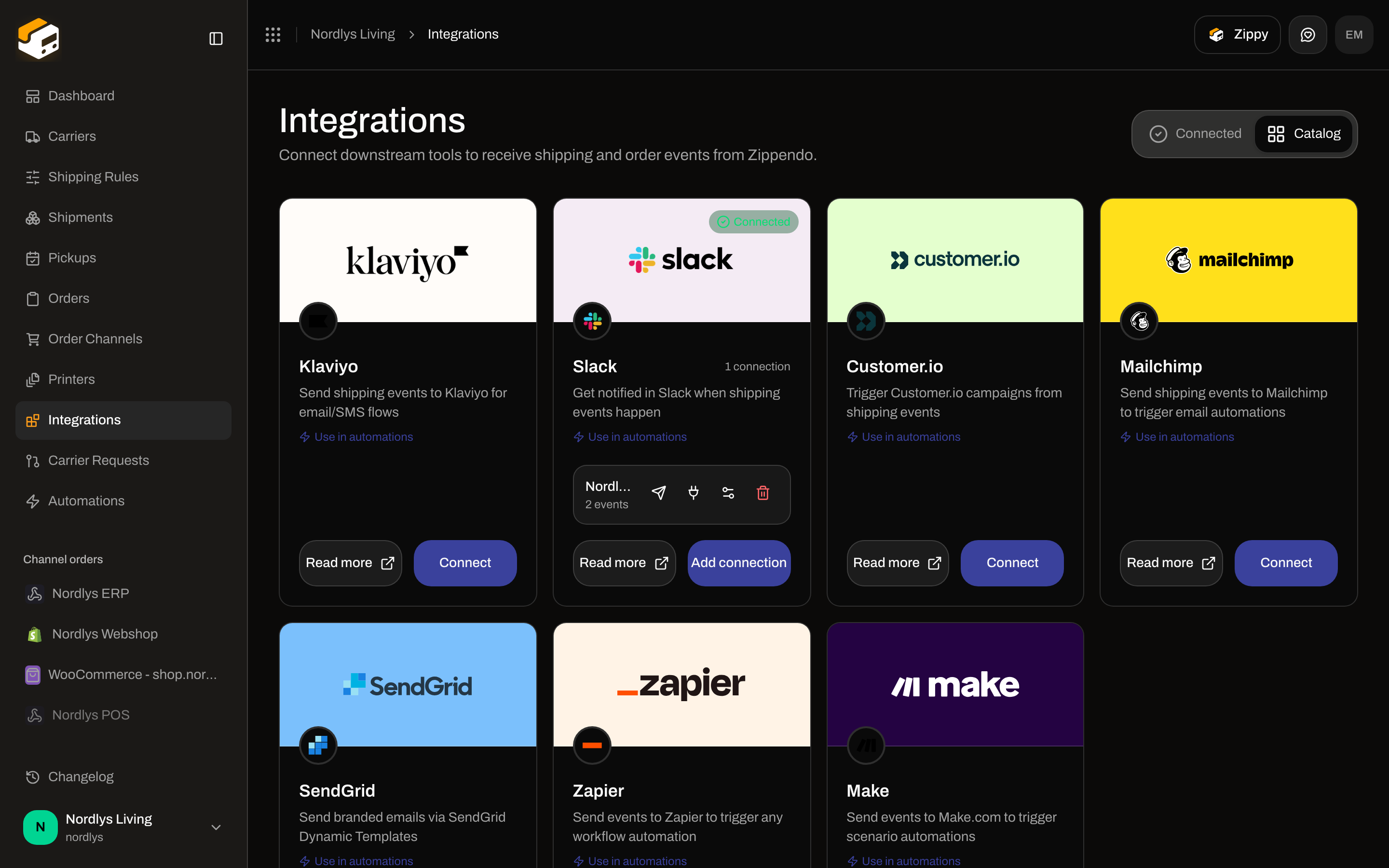 Integrations Catalog grid with Klaviyo, Slack, Customer.io, Mailchimp, SendGrid, Zapier, and Make