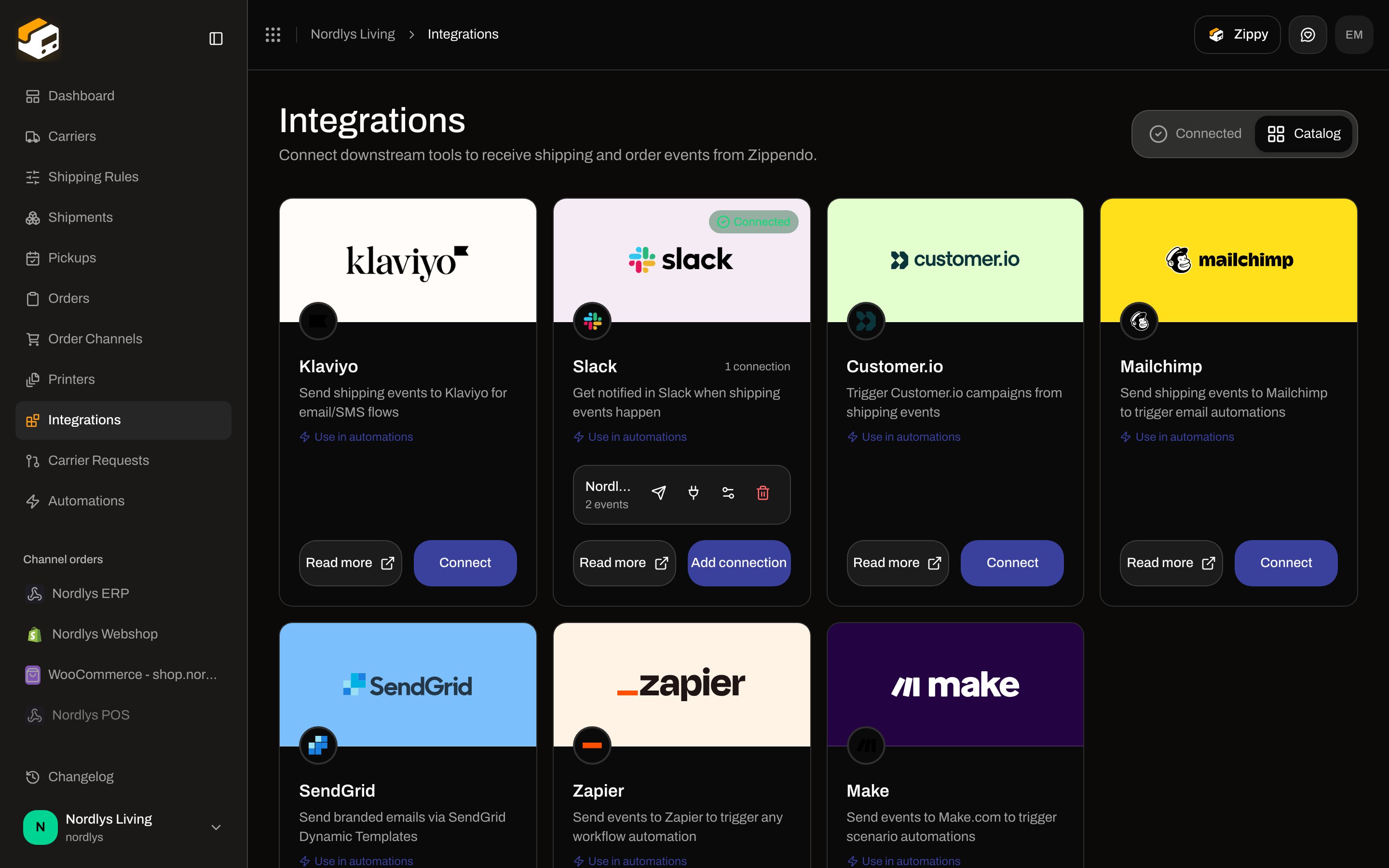 Integrations Catalog grid with Klaviyo, Slack, Customer.io, Mailchimp, SendGrid, Zapier, and Make