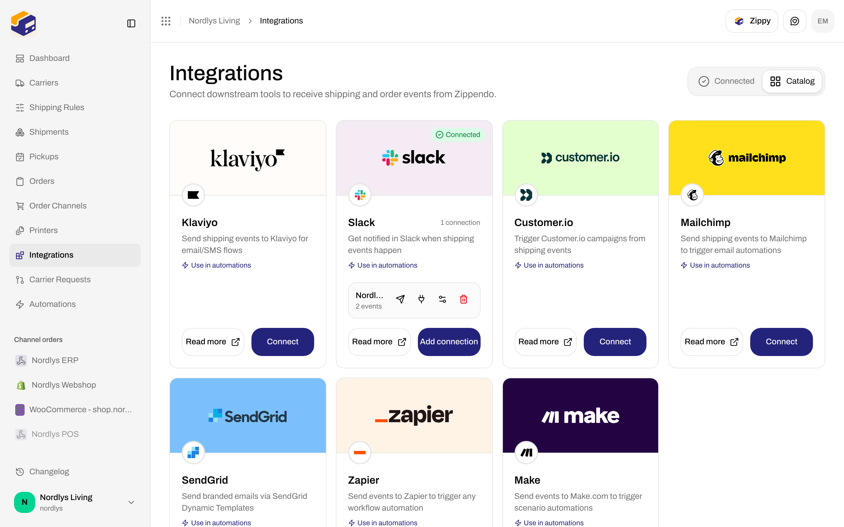 Integrations Catalog grid with Klaviyo, Slack, Customer.io, Mailchimp, SendGrid, Zapier, and Make