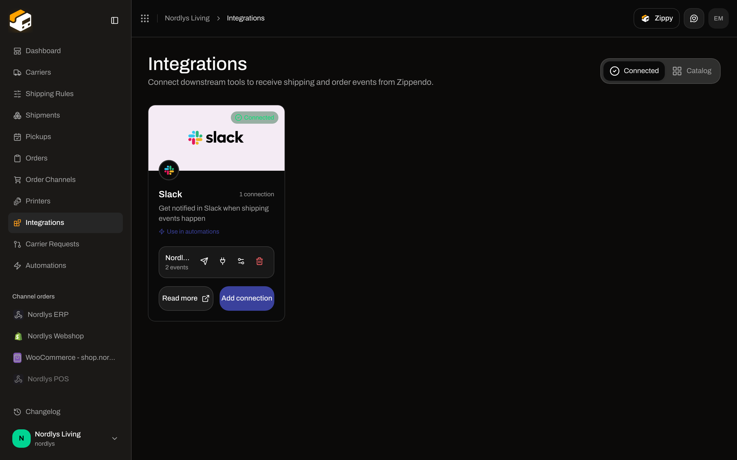 Integrations Connected tab with a Slack connection card and action icons