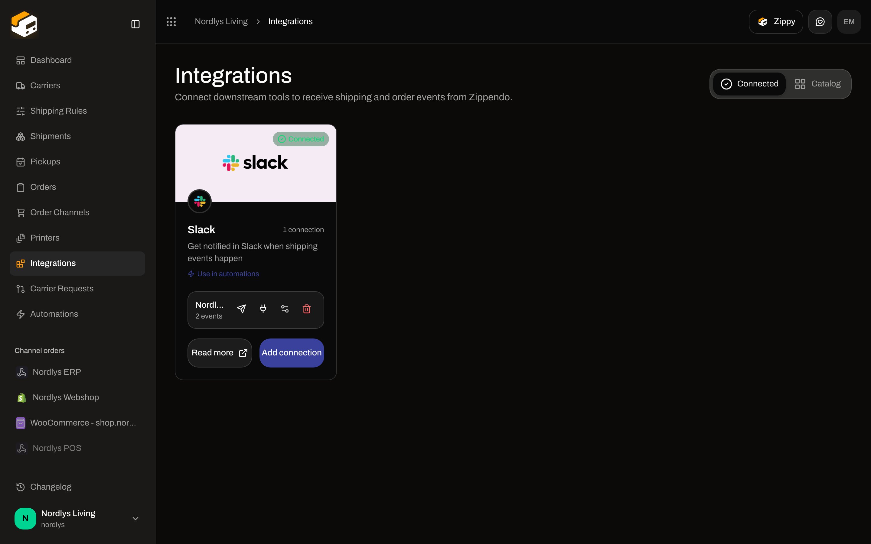 Integrations Connected tab with a Slack connection card and action icons
