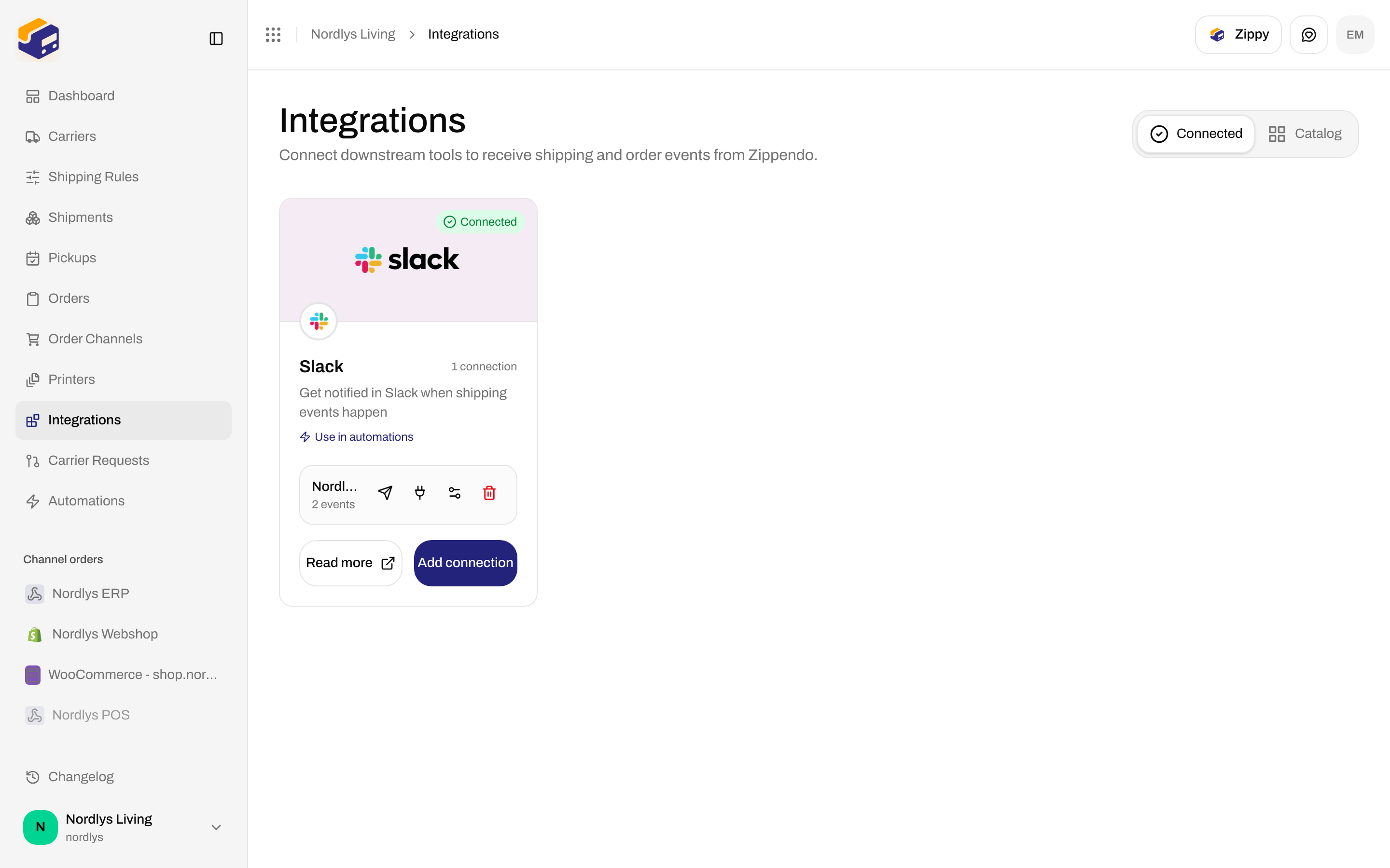 Integrations Connected tab with a Slack connection card and action icons
