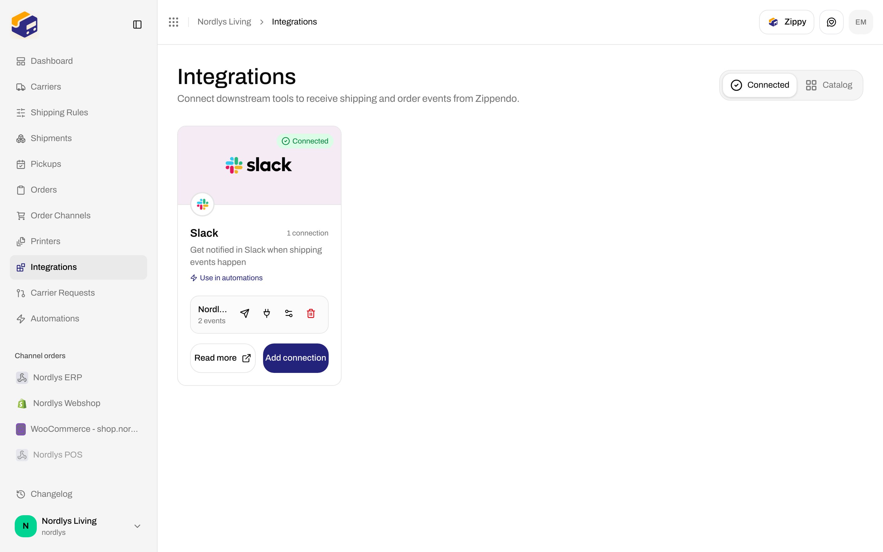 Integrations Connected tab with a Slack connection card and action icons