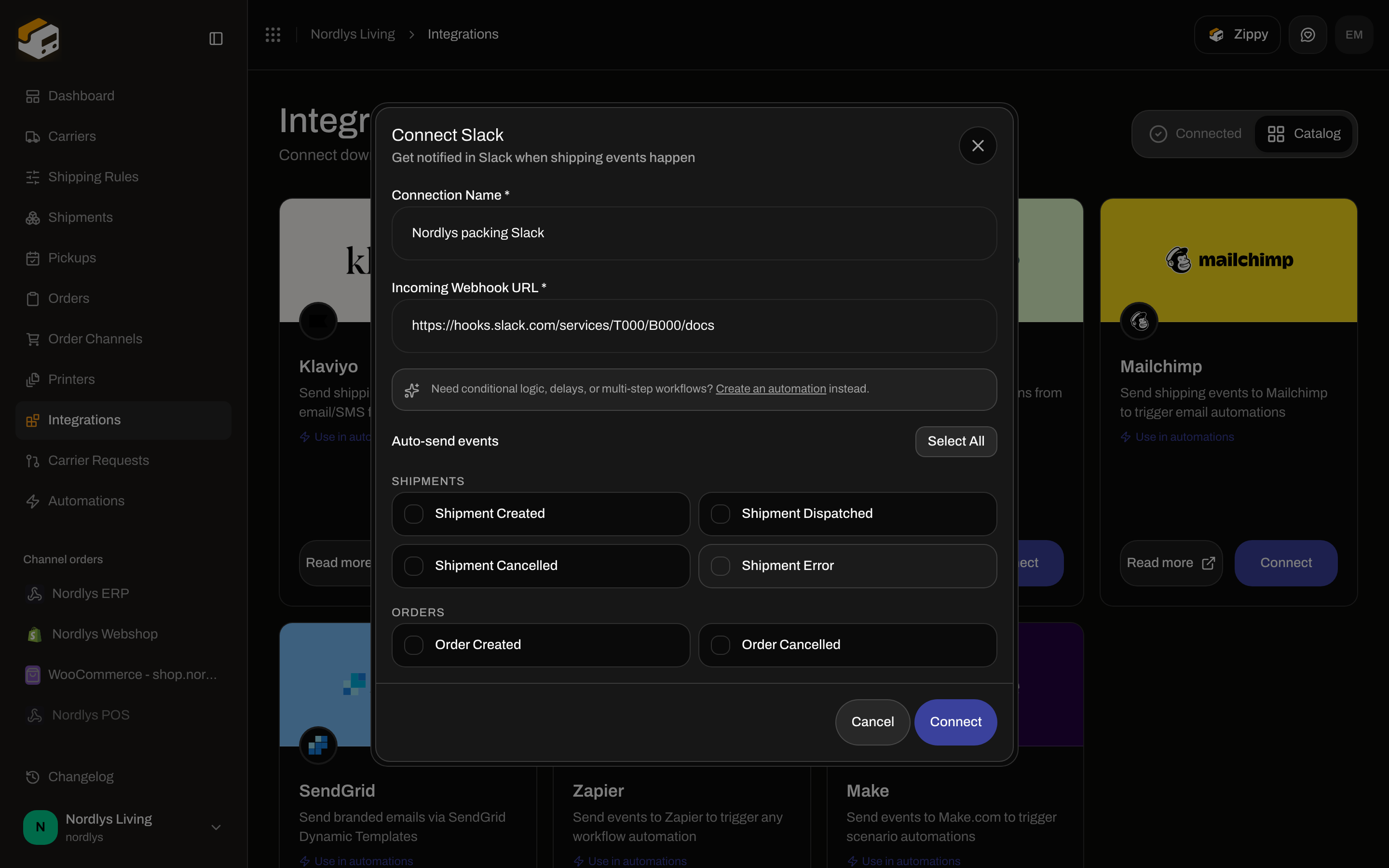 Connect Slack dialog with Connection Name, Incoming Webhook URL, and event checkboxes