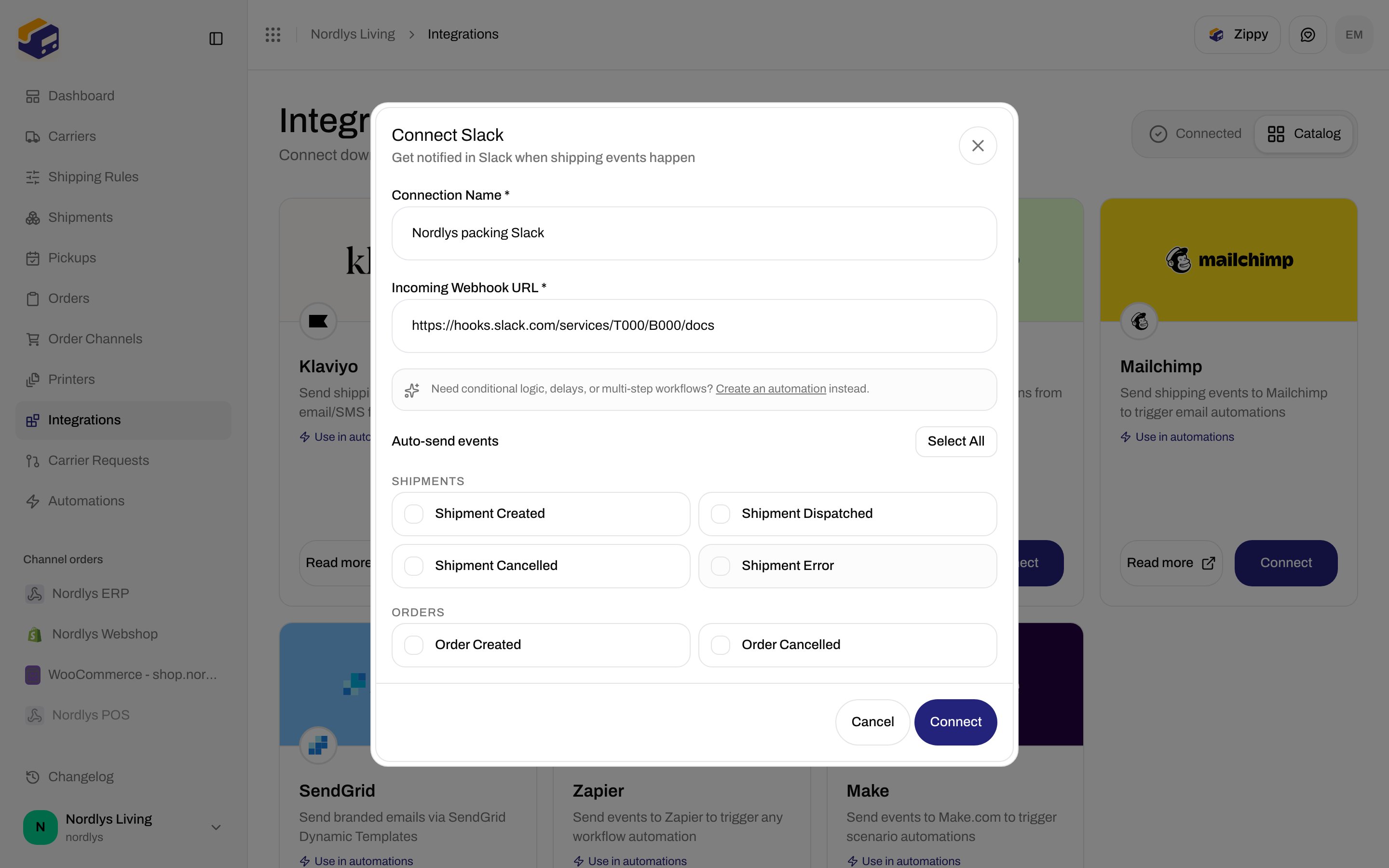 Connect Slack dialog with Connection Name, Incoming Webhook URL, and event checkboxes