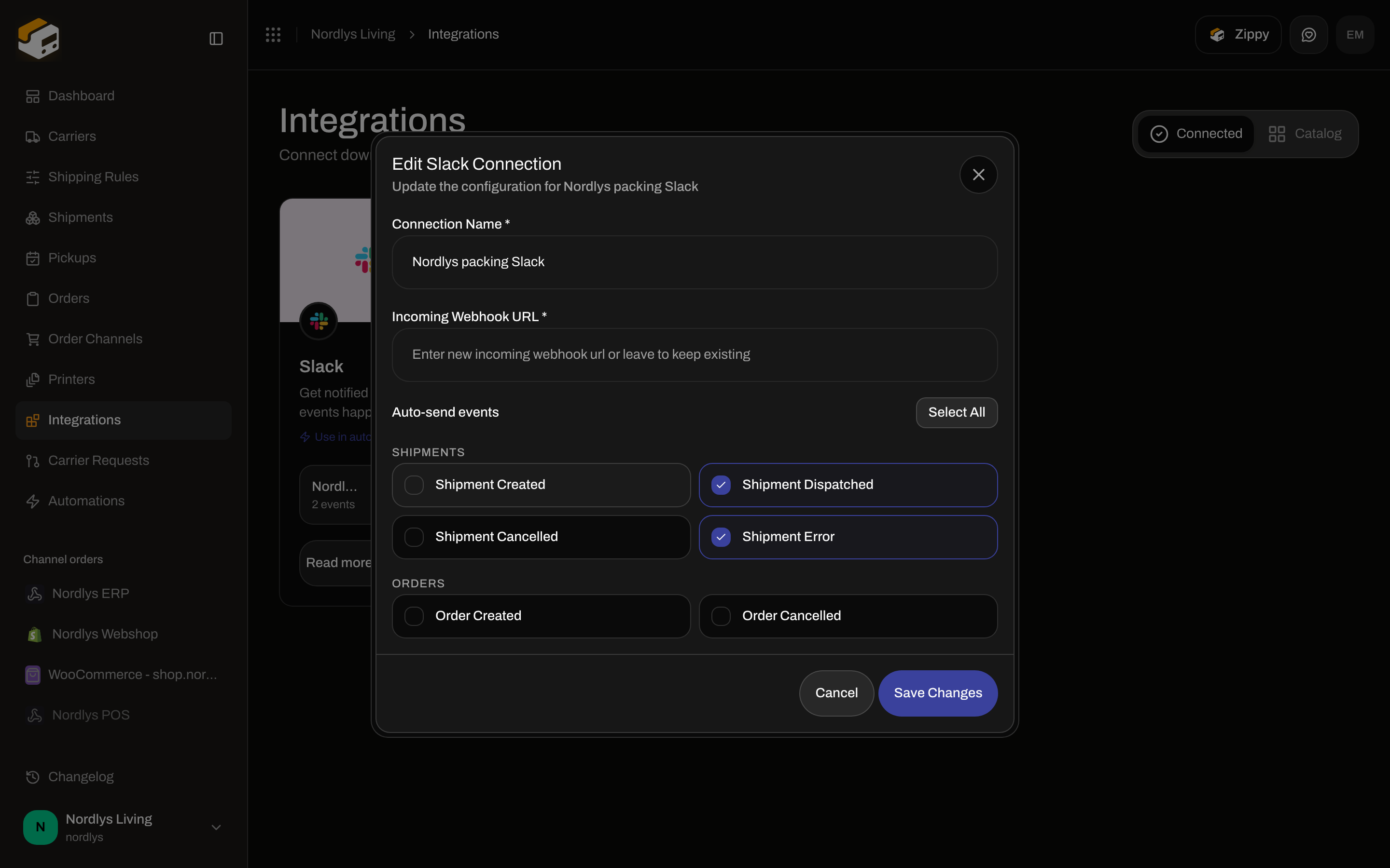 Edit Slack Connection dialog with Connection Name, Incoming Webhook URL, and Auto-send events