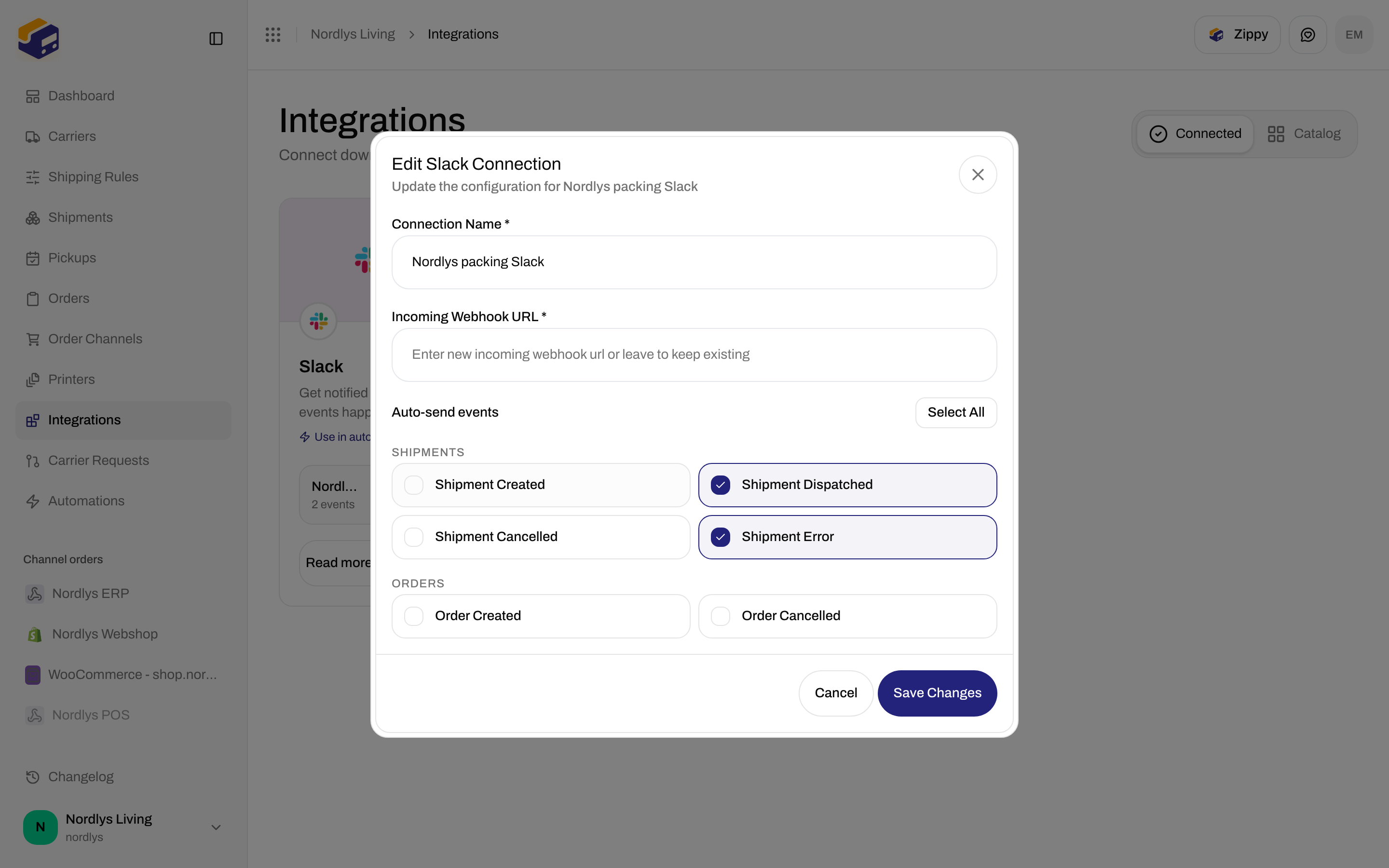 Edit Slack Connection dialog with Connection Name, Incoming Webhook URL, and Auto-send events