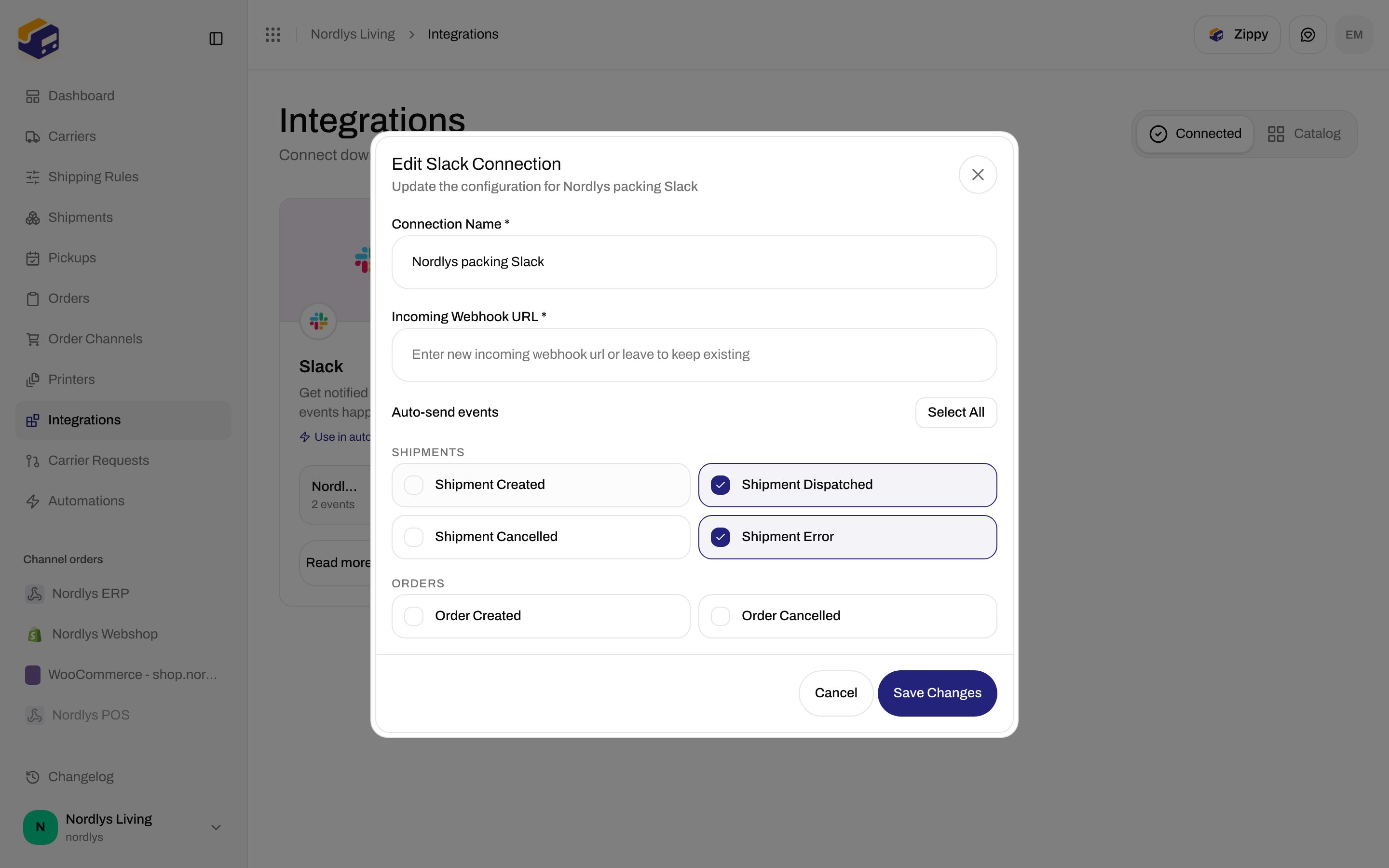Edit Slack Connection dialog with Connection Name, Incoming Webhook URL, and Auto-send events