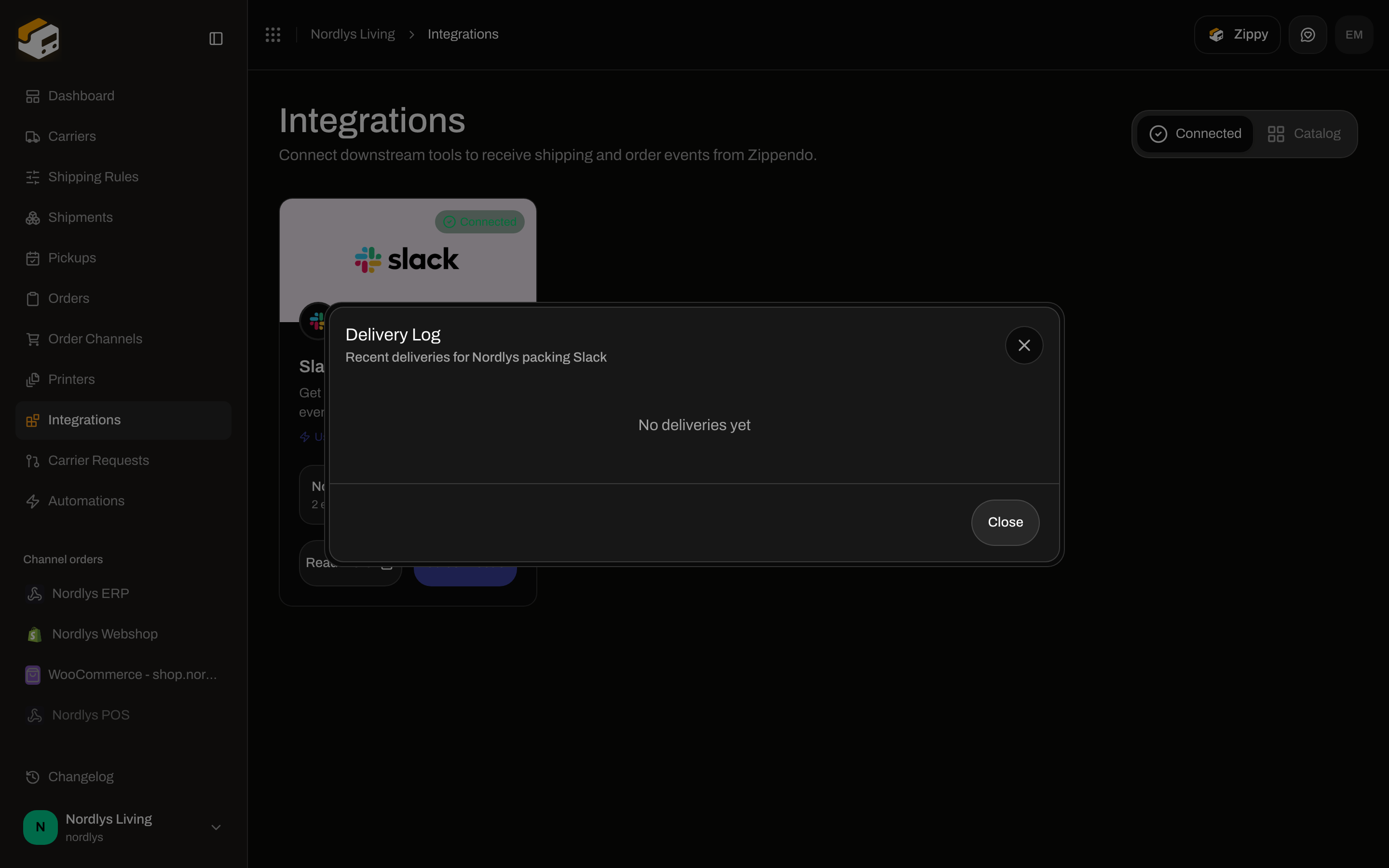 Delivery Log modal showing No deliveries yet for a Slack connection