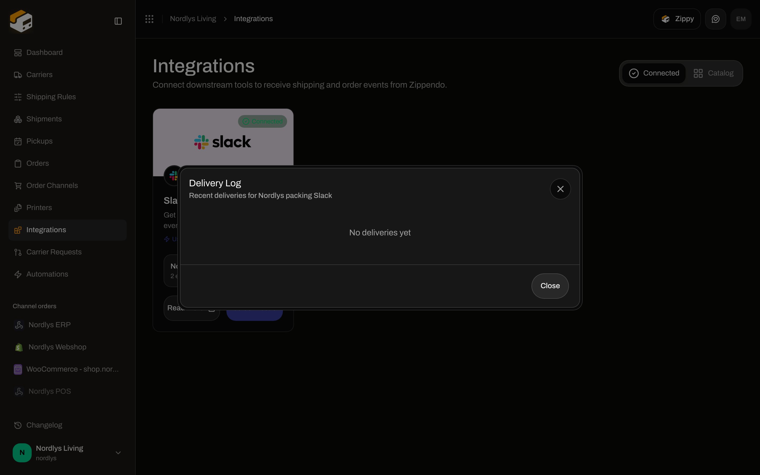 Delivery Log modal showing No deliveries yet for a Slack connection